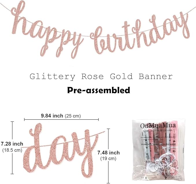 OuMuaMua Pink Rose Gold Birthday Party Decorations Set, Rose Gold Glittery Happy Birthday banner, Tissue Paper Pom, Circle Dots Garland and Tassel Garland for BDAY Party Decorations