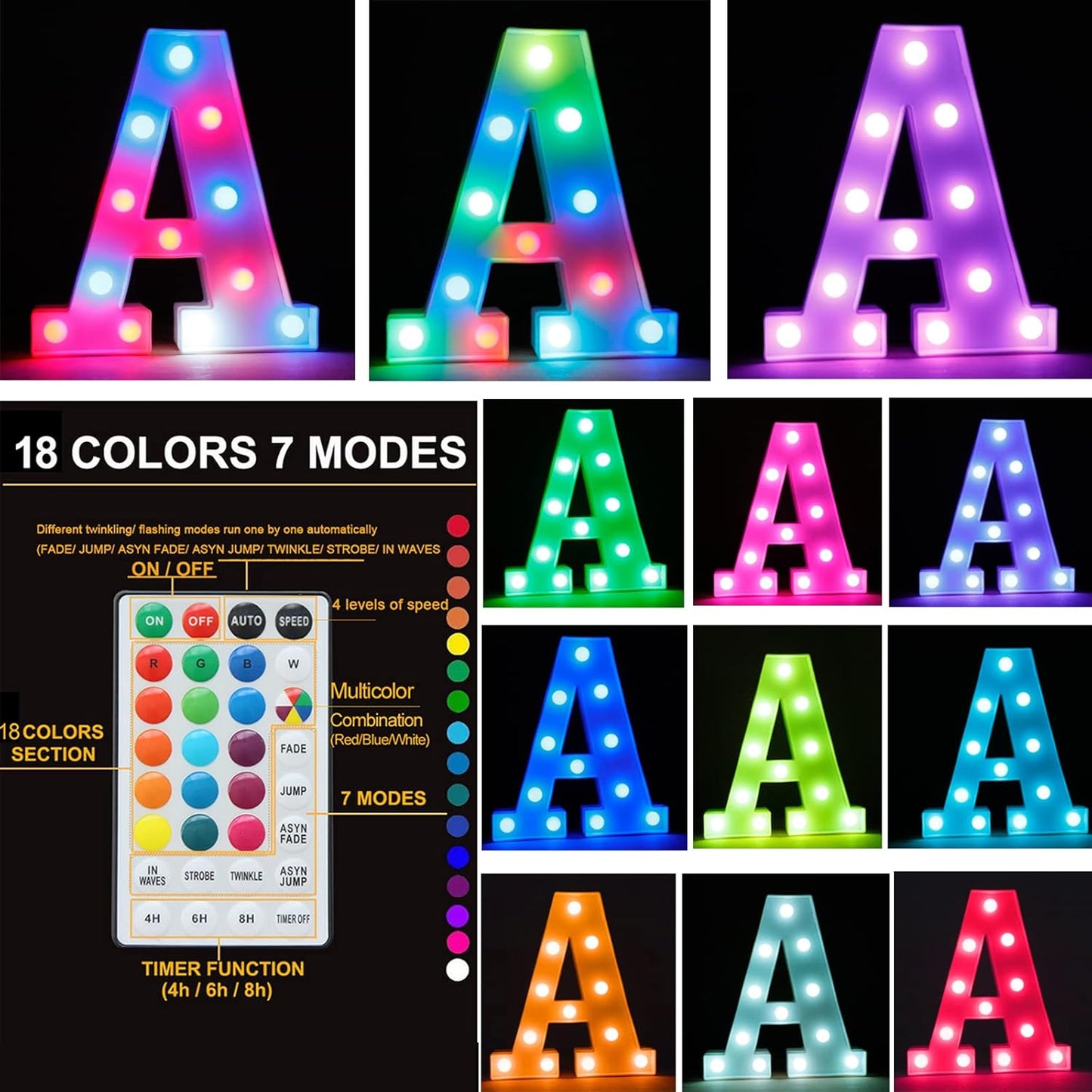 Light Up Colorful LED Marquee Letter lights, 18 Colors Changing Alphabet Letters Sign with Remote Timer for Night Light Girls Bedroom Wedding Birthday Party Lamp Christmas Home Bar Decor- Colorful O