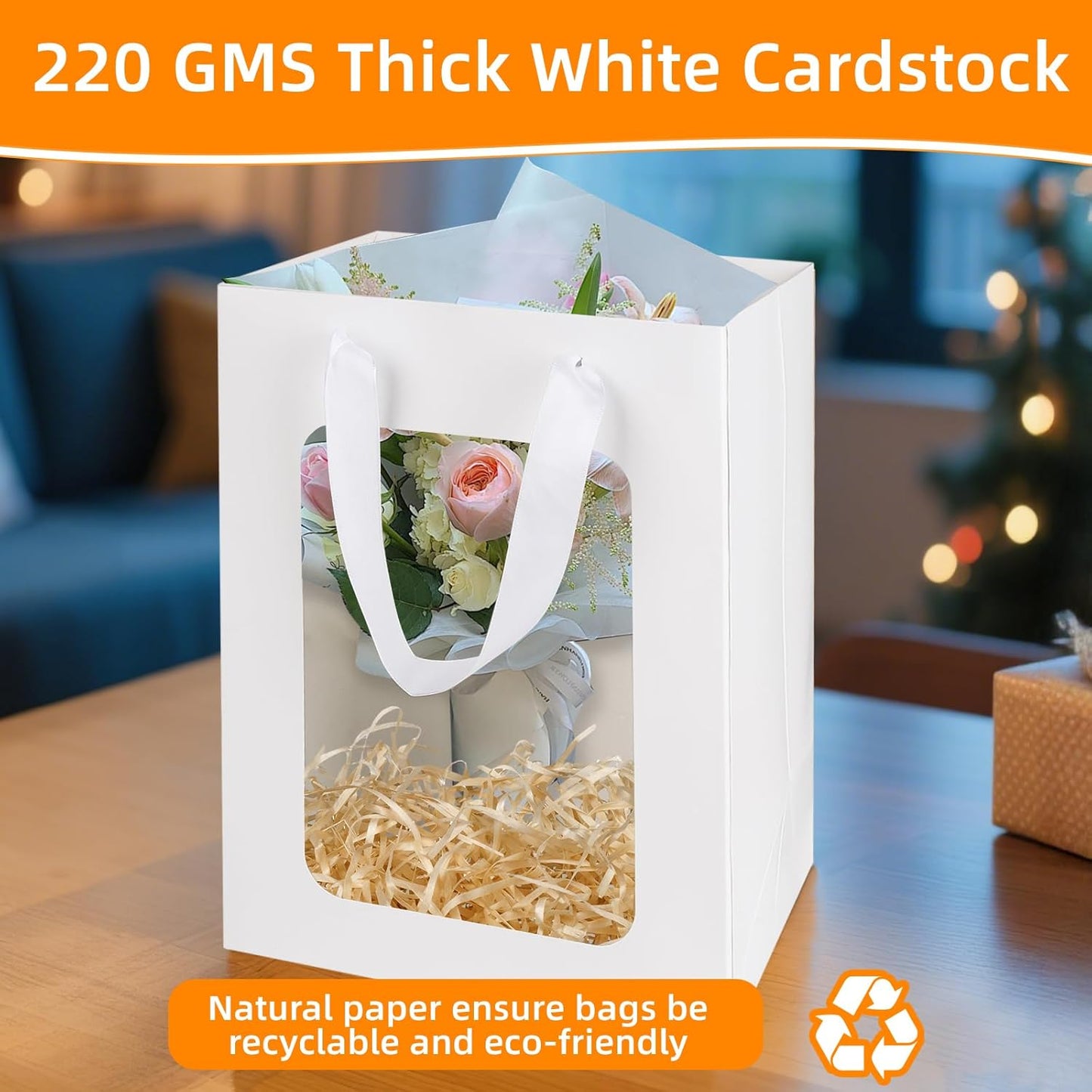 MOXARYSU 6 Pcs White Gift Bags with Clear Window: 9.8x5.1x7.1 Inch Medium Kraft Paper Bags with Handle For Party Business Birthday Wedding (White,6p)