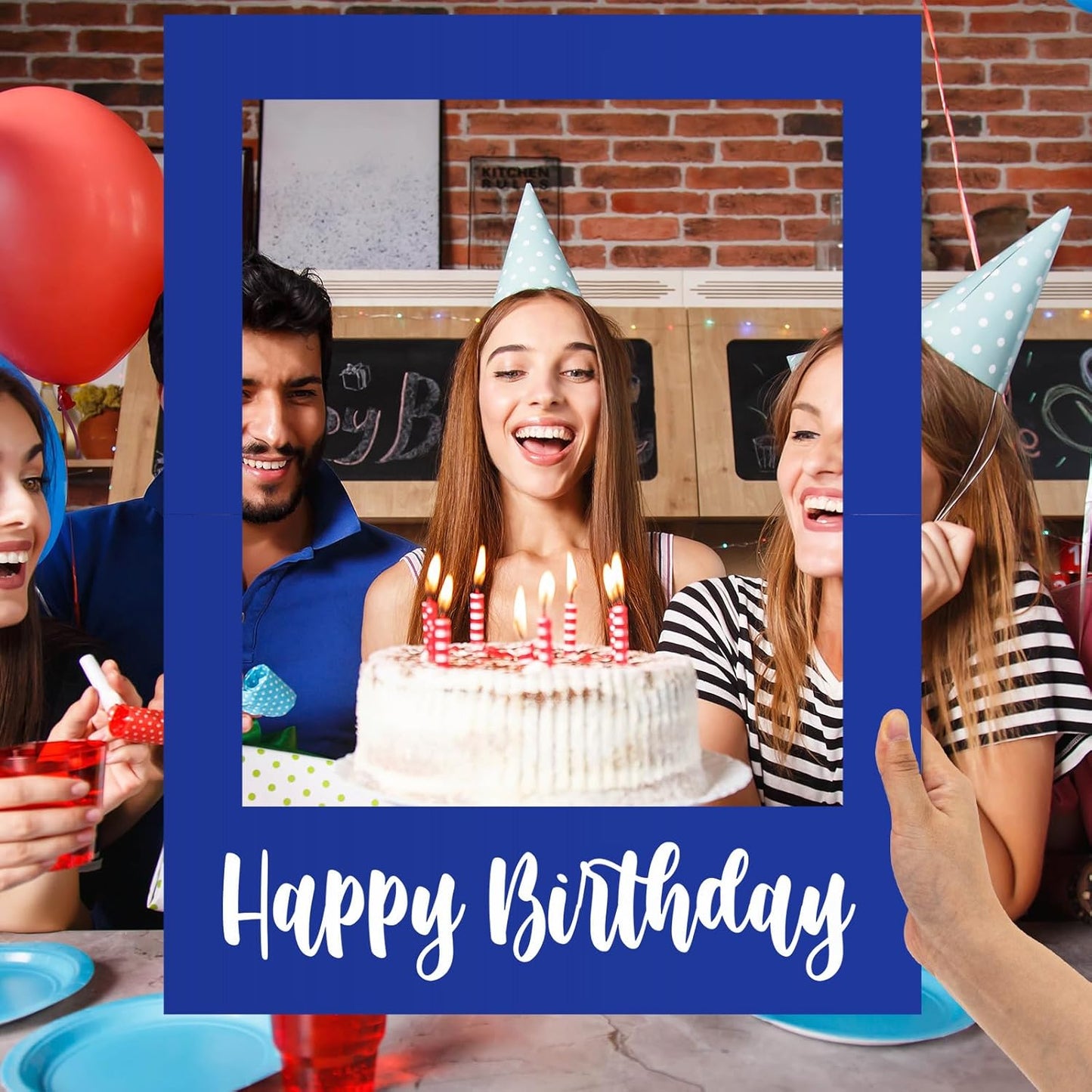 32 x 24 Inch Large Photo Booth Props Picture Frame Happy Birthday Party Frame DIY Cutouts Photo Booth Props Selfie for Party Supplies Favors(Blue White,Happy Birthday)