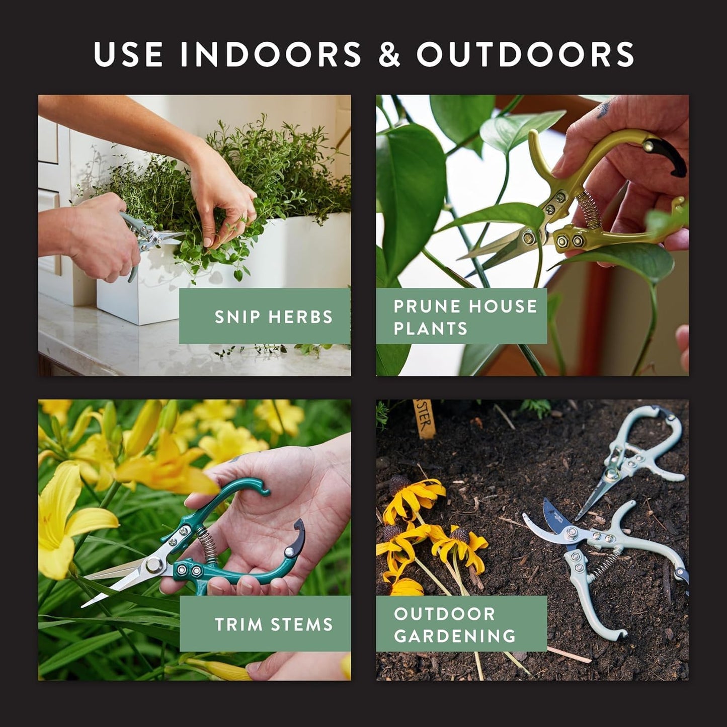 Modern Sprout Pruning Shears - Herb Snipping Scissors- Lightweight Gardening Tools W/Easy Lock - Flower Cutter Garden Shears - Carbon Steel Blade + Plastic-Free Reusable Holster (Multicolor, 4 Pcs)