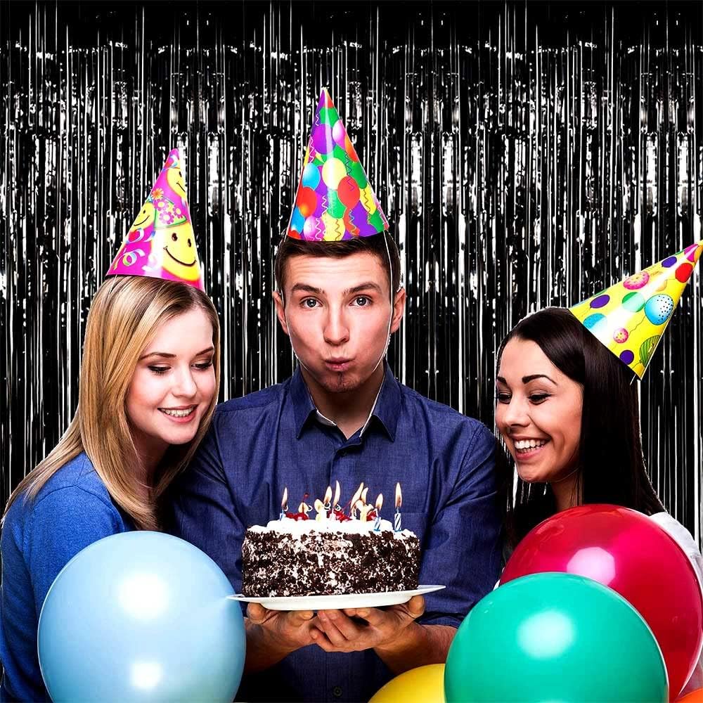 4 Pack Black Foil Fringe Curtain Backdrop, 3.28Ft x 8.2Ft Metallic Tinsel Streamers Curtains for Party, Photo Booth Props, Birthday, 2022 Mother's Day Decor Supplies, One Size