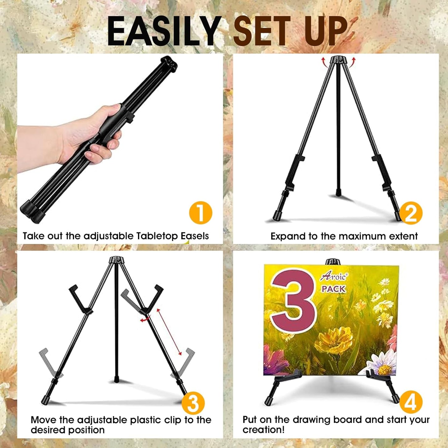 AROIC 3 Pack 14'' Tabletop Easels, Black Steel Table Top Easels for Display, Adjustable Portable Table Top Easel for Paintings, Signs, Posters,Frame Pictures(with 3 Bags)