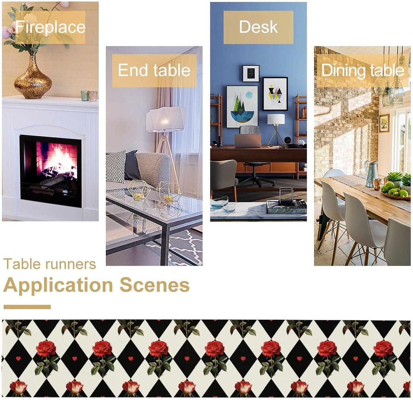 Vintage Rose Table Runner, Red Rose Hearts Black White Checkered Background Table Runner for Kitchen Dinning Table Runner Decor Home Wedding Party Holiday, 13x60 Inch