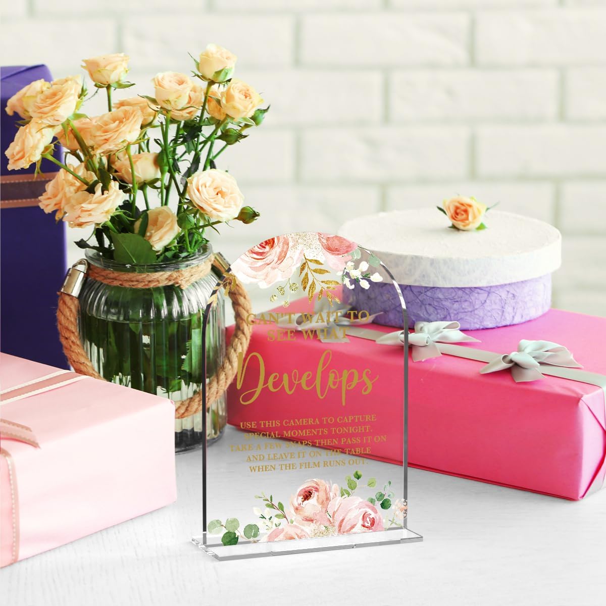 Acrylic Wedding Signs, Bridal Shower Decorations, Modern Calligraphy Arch Acrylic Table Top Sign for Wedding Reception and Engagement Parties - Can't Wait to See What Develops (Clear Pink Flowers)