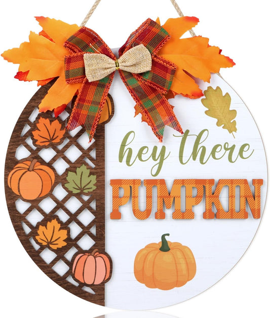 CHDITB Hey There Pumpkin Front Door Sign Wreath(12"x12"), Wooden 3D Hello Fall Autumn Decoration Wall Hanging, Rustic Welcome Home Decor Hanger for Porch Outdoor Thanksgiving