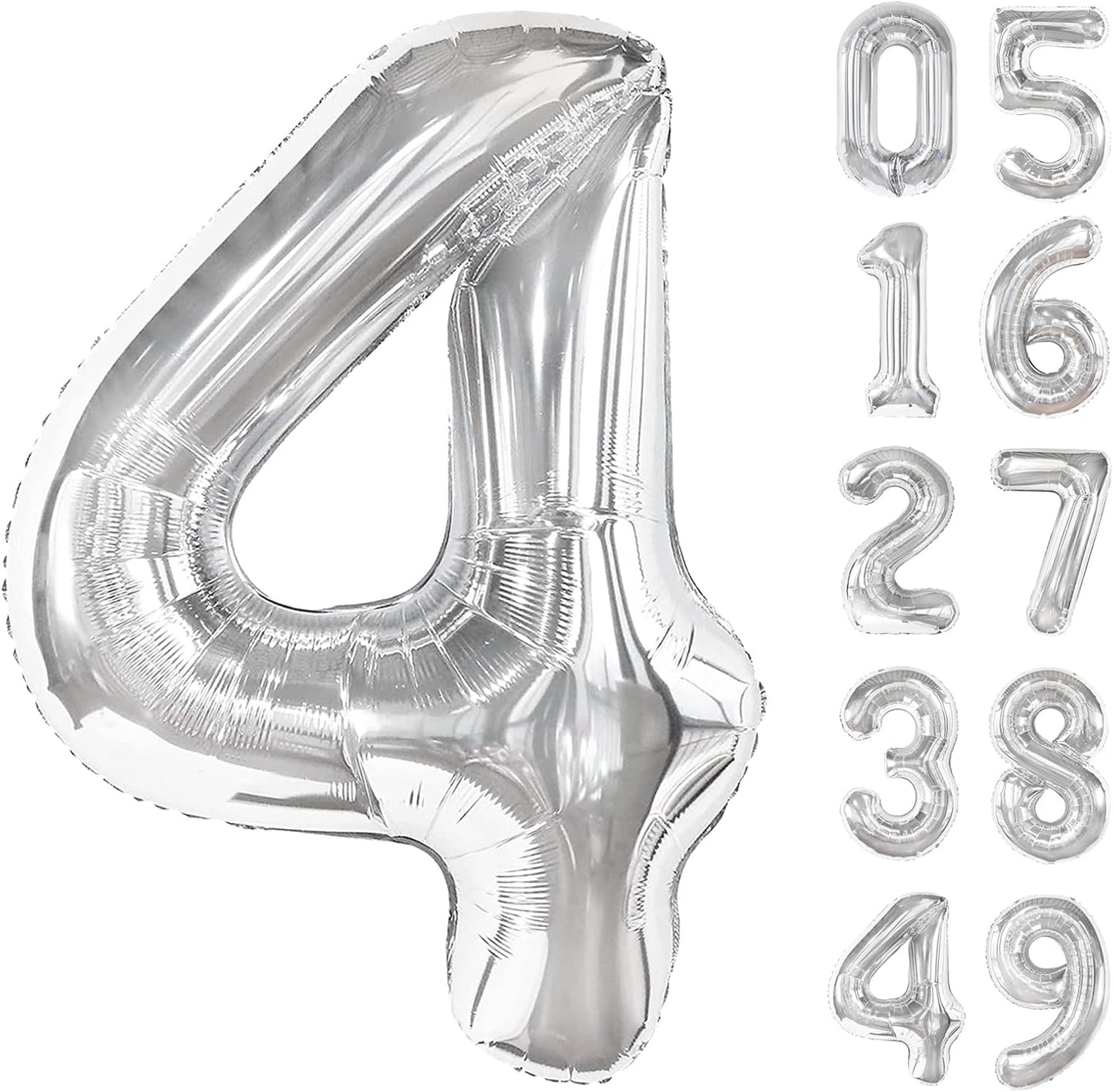 40 Inch Silver Large Number 4 Birthday Balloon, Giant Number Four 14 24 34 40 44 Balloons, Foil Mylar Big Balloons for Anniversary Graduation Supplies Decorations