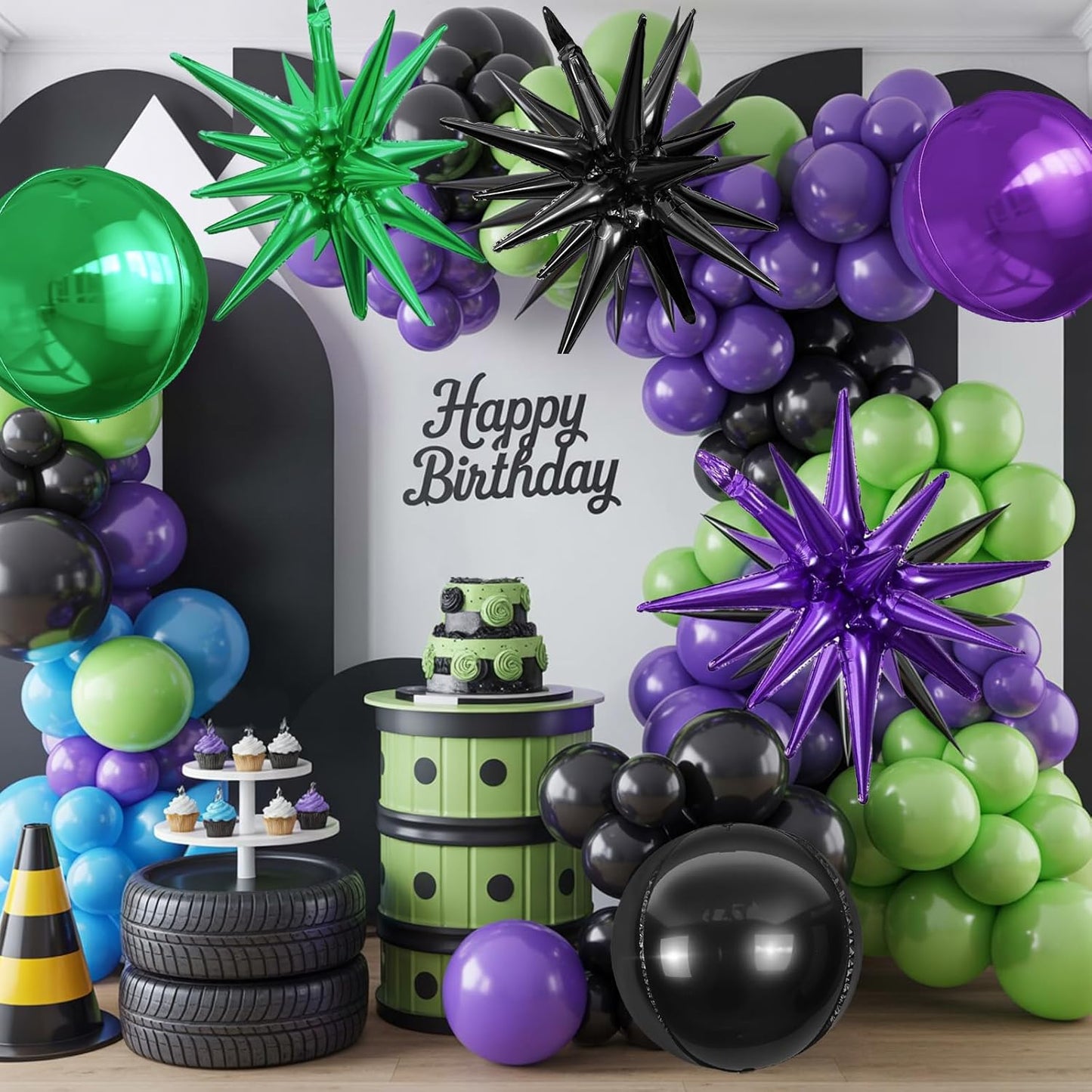 6Pcs Black Purple Green Foil Balloons,22Inch Black Green Purple 4D Round Ball Balloon and Explosion Star Balloon for Halloween Birthday Wedding Baby Shower Anniversary Party Decorations