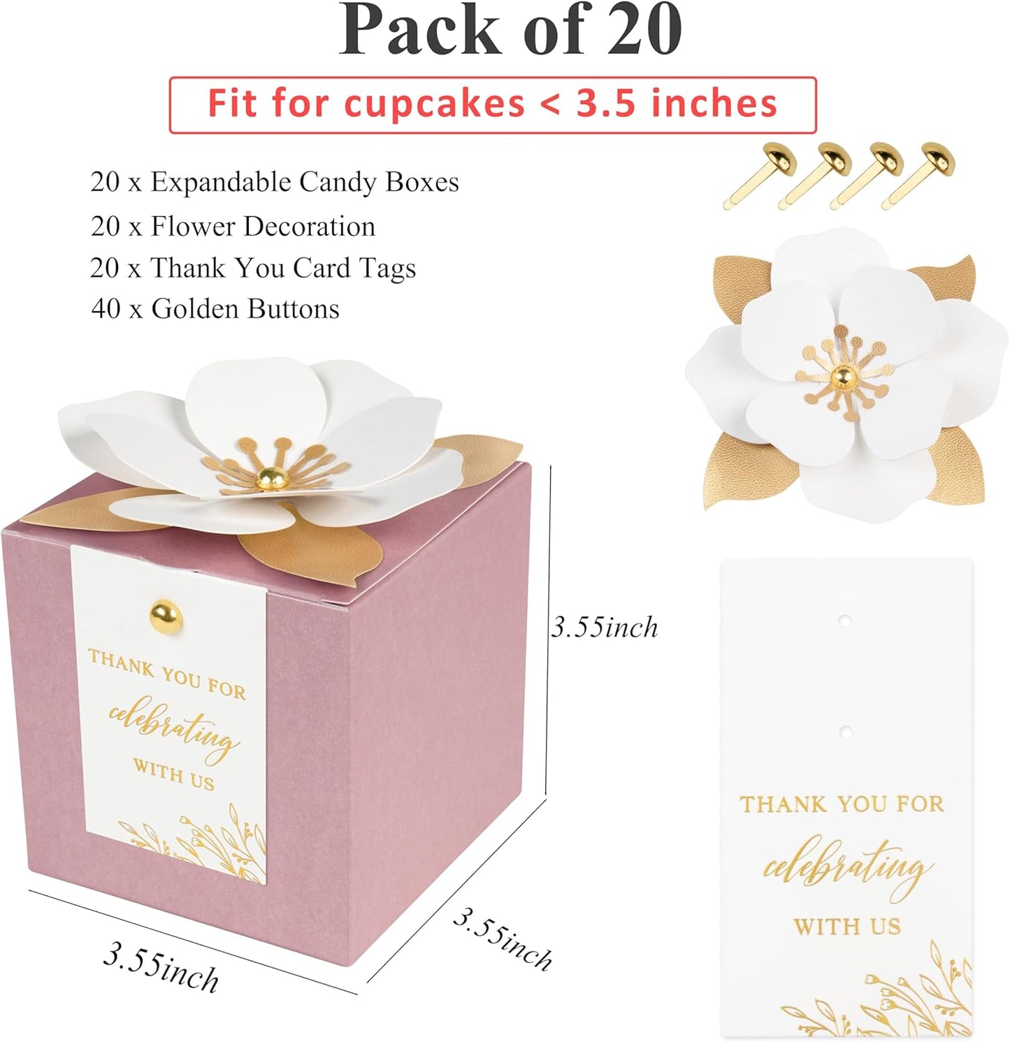 FEIYI 20 PCS Dusty Rose Gift Boxes, 3 In 1 Favor Boxes with Floral Decor, White Thank You Tags Cupcake Containers Gift wrapping for Wedding, Baby Shower, Birthday, Decorations Party - 3.55x3.55x3.55