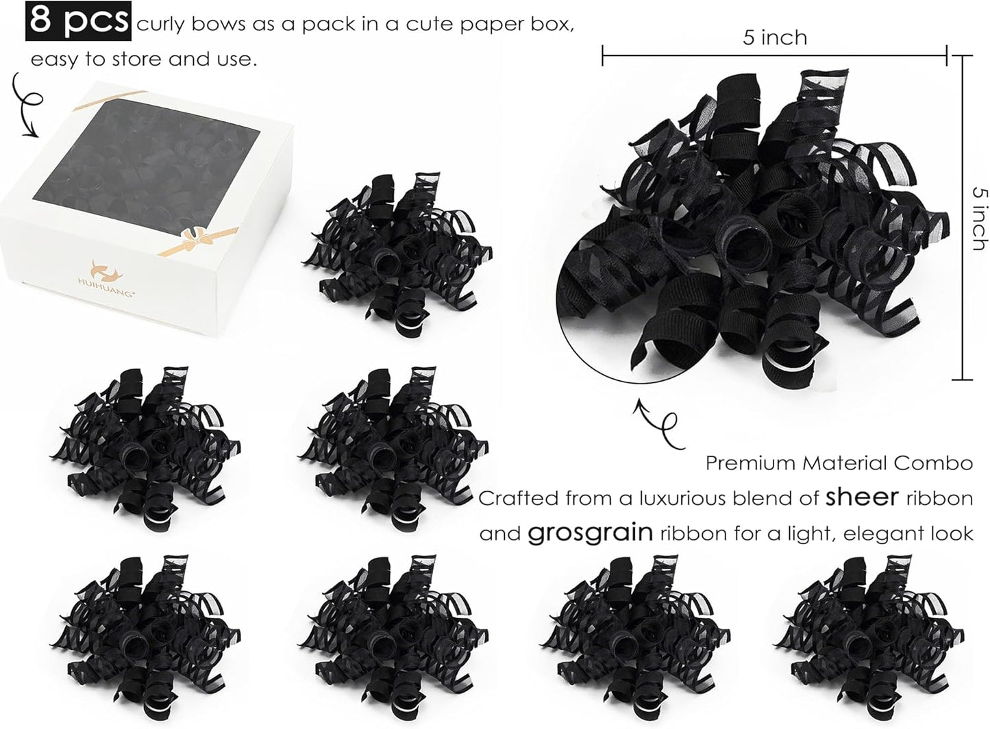 HUIHUANG Black Bows for Gift Wrapping Curly Gift Bow 5 inch x 8 Counts Self-Adhesive Ribbon Bows for Presents, Paper Bag, Party Favors, Wrapping Accessories, Holiday Wedding Decoration