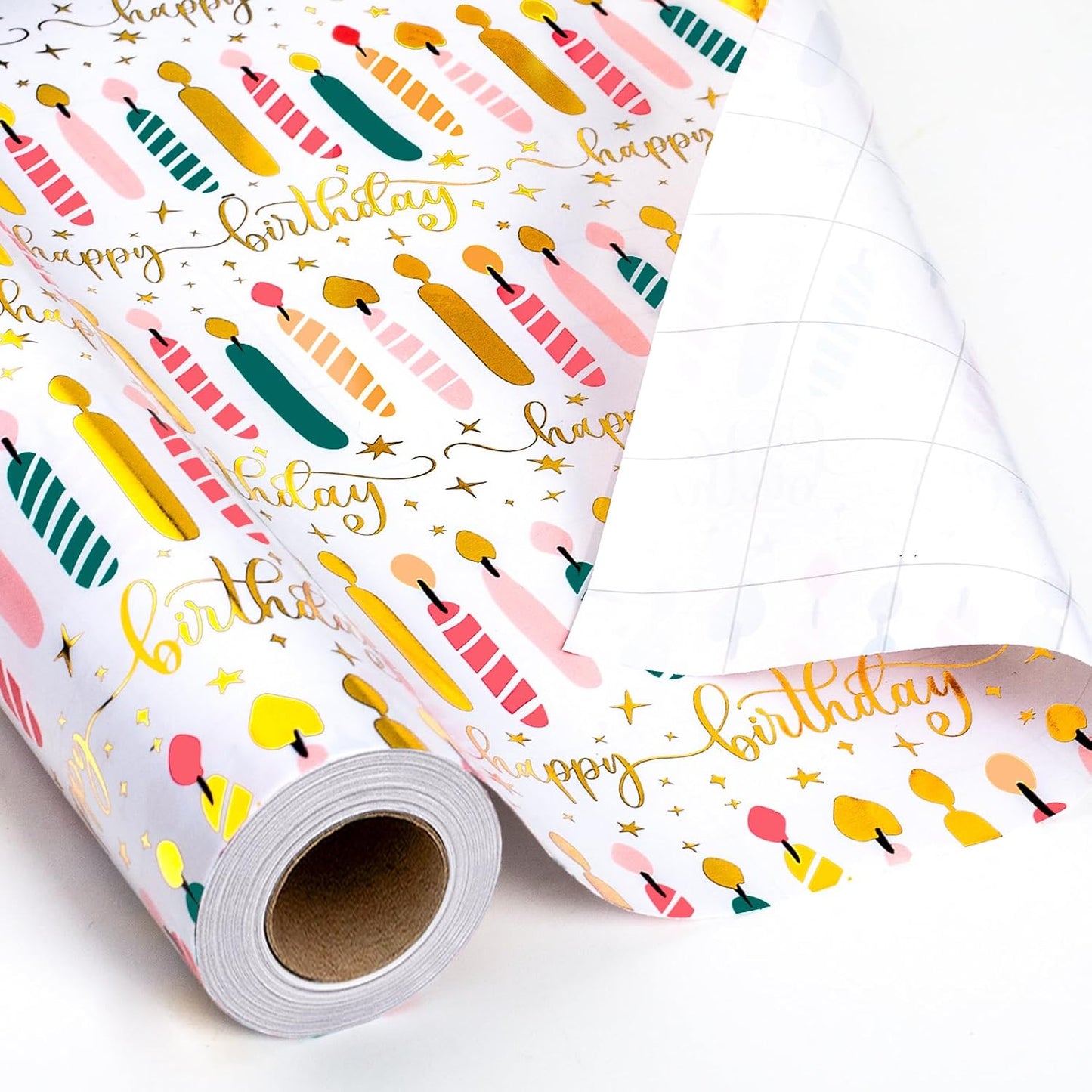 Yarcony Birthday Candle Wrapping Paper Roll - 17Inch X 33Feet - Elegant Rainbow Gold Foil Candles Gift Wrap Paper for Girl's Birthday, Christmas, Holiday, Party and Sophisticated Celebration
