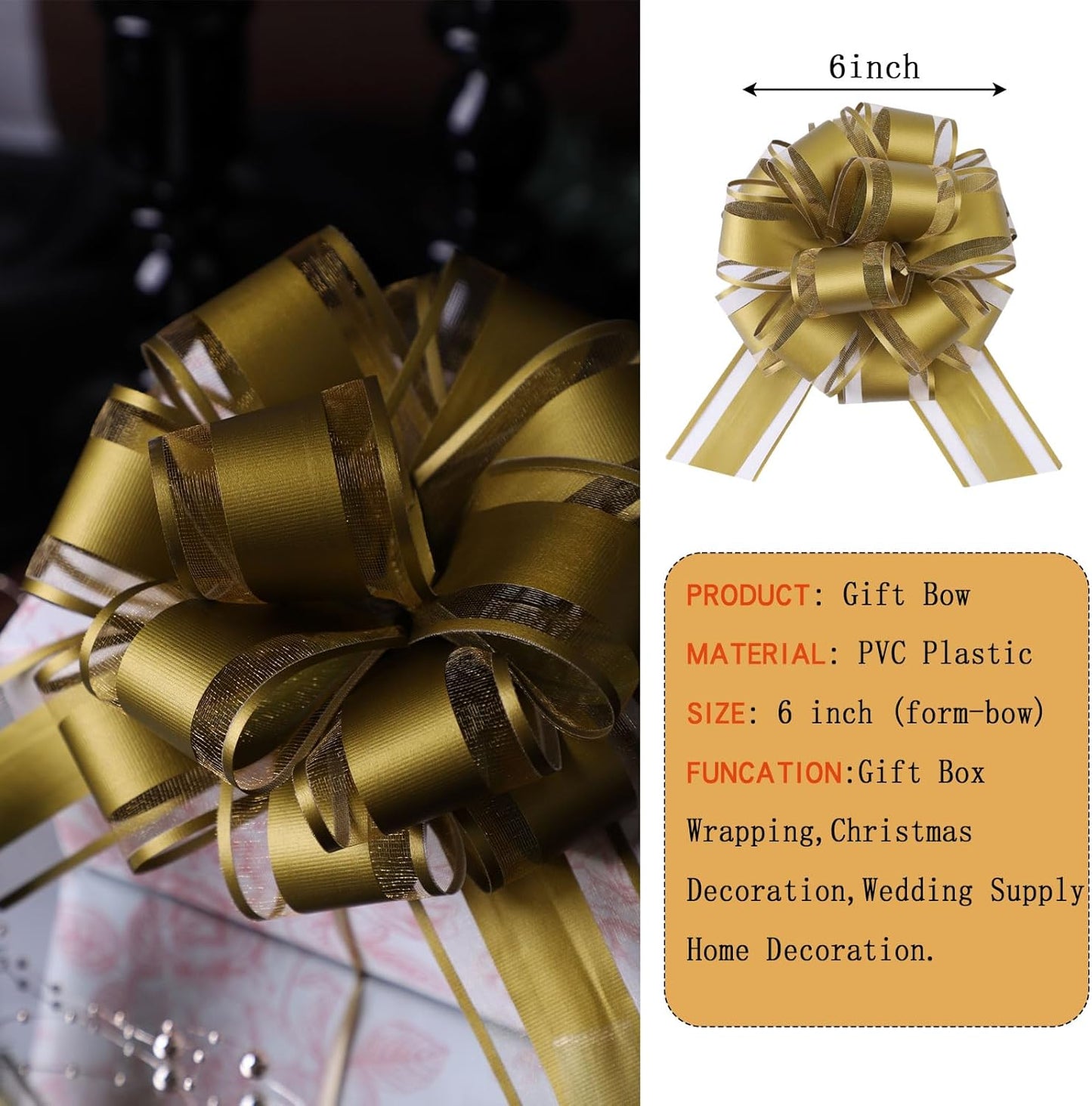 6Pcs 6inch Pull Bow Gift Wrapping,Pull Bow For Gift Basket, Gift Bag Box Wrapping Decor, Valentines Day, Birthday, Anniversary, Wedding, Flower Packaging (Golden)