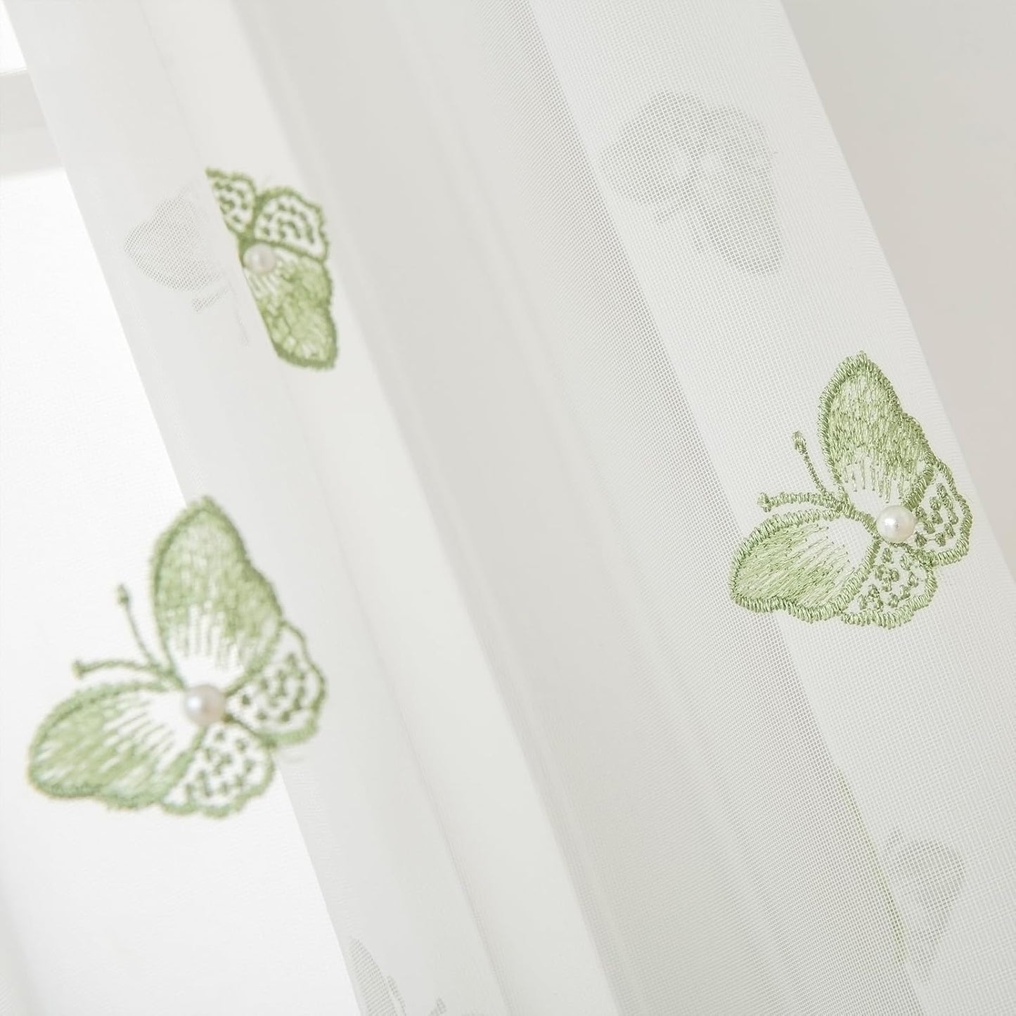 VISIONTEX White Sheer Voile Curtains, Decorative Green Embossed Butterflies Rod Pocket Window Drapes for Home Kitchen, Living Room and Bedroom 54 x 95 Inch, Set of 2 Curtain Panels