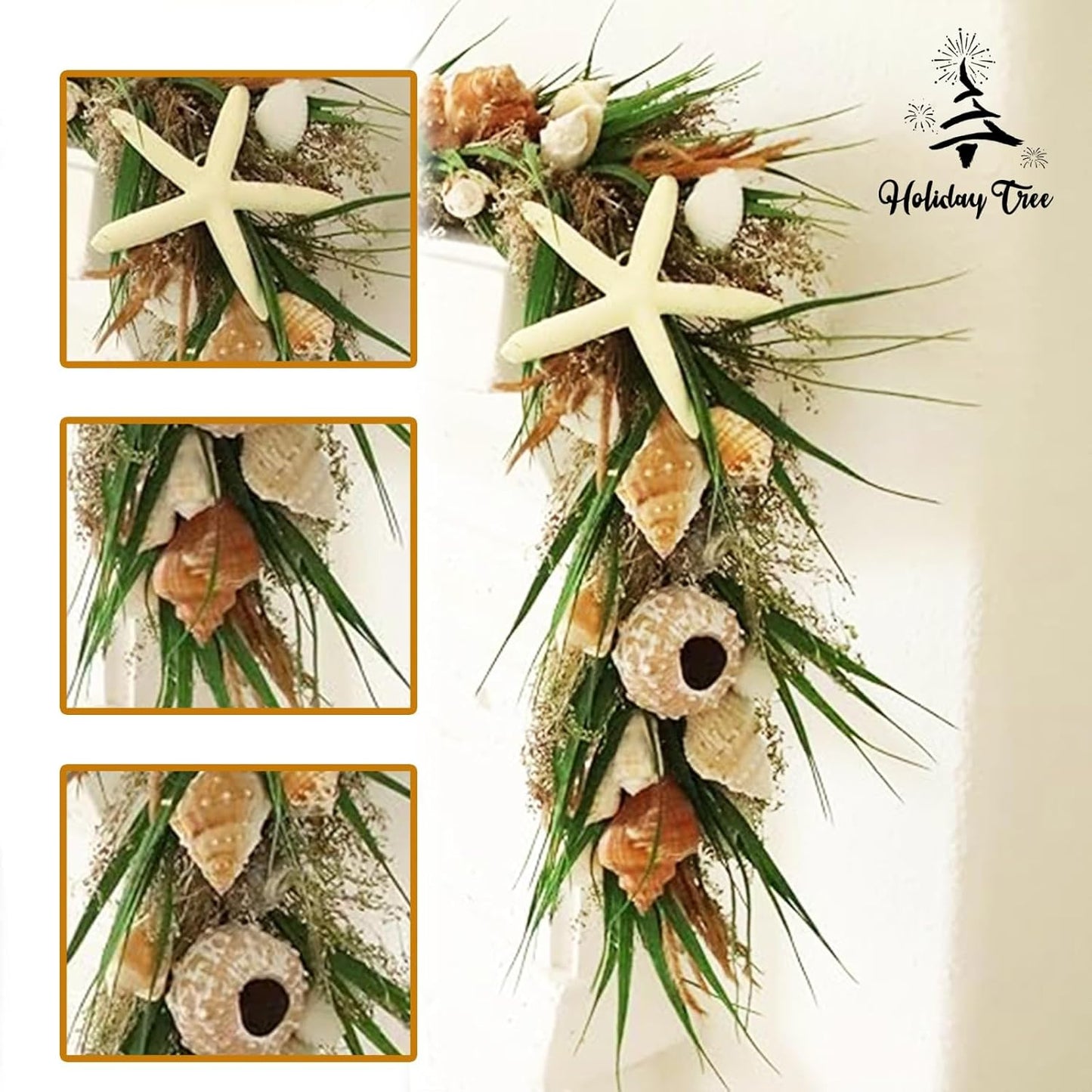 HOLIDAY TREE 5' Shell Arrangement Green Garland - Natural Shells, Green Faux Grass, Resin Starfish, Summer Coastal Decor for Mantel or Home | Premium Coastal Garlands for Decoration.