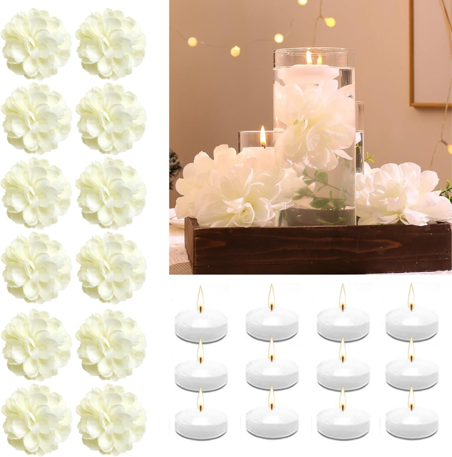 24 Pcs Floating Candles for Centerpieces and Floating Flowers Artificial Flowers Head Vase Filler for Party Home Table Wedding Centerpieces Decoration (White)