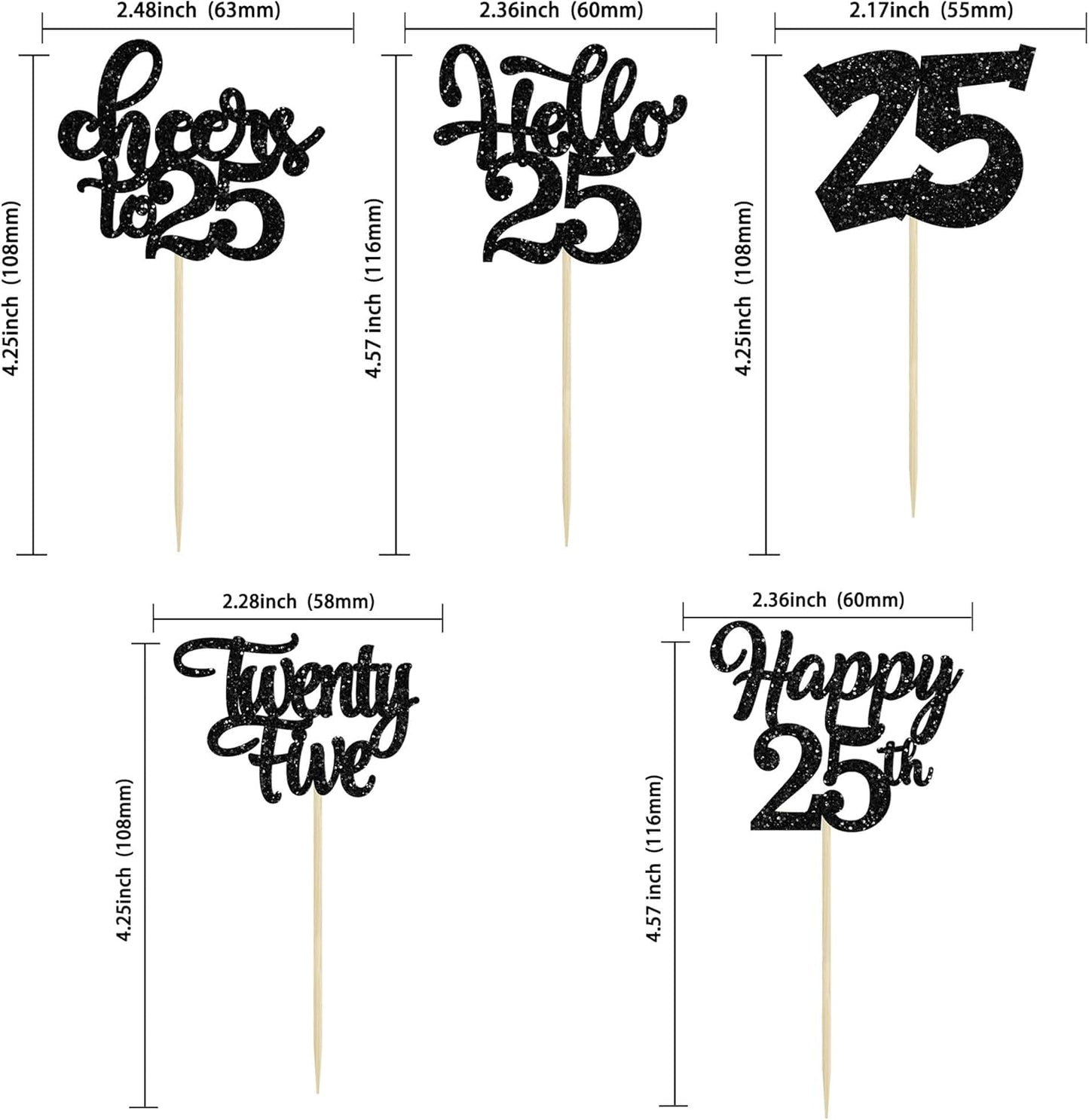 30pcs 25th Birthday Cupcake Toppers - 25th Anniversary Cake Decorations with Black Glitter