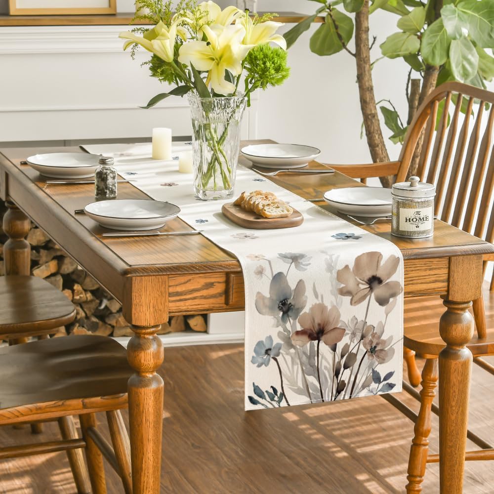 Artoid Mode Brown Poppy Floral Leaves Spring Table Runner, Seasonal Summer Kitchen Dining Table Decoration for Home Party Decor 13x72 Inch