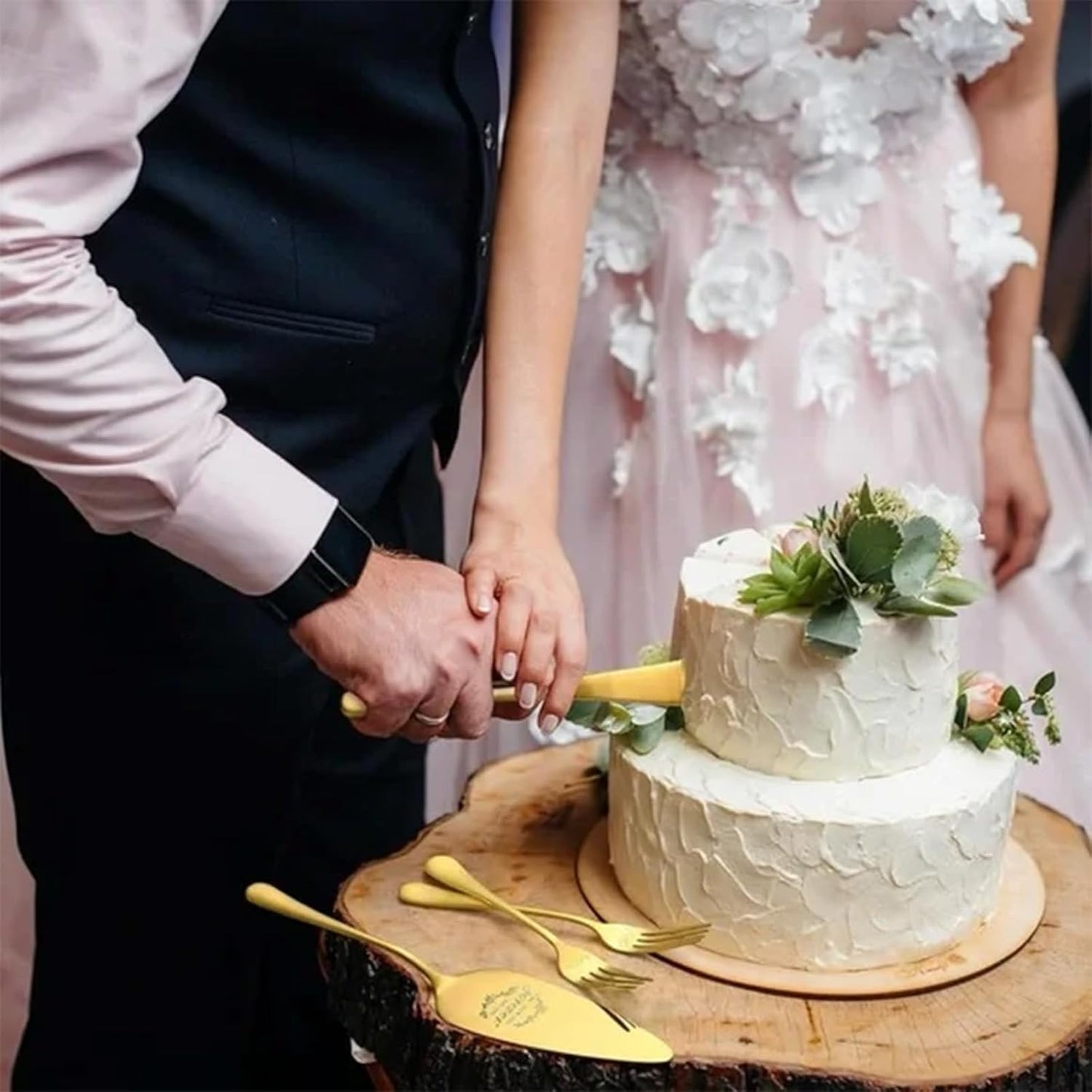 Personalized Wedding Cake Knife and Server Set, Custom Gold/Silver Cake Cutting Set for Wedding, 4 Pieces Set with Forks for Engagements, Anniversaries, Bride and Groom (Silver)