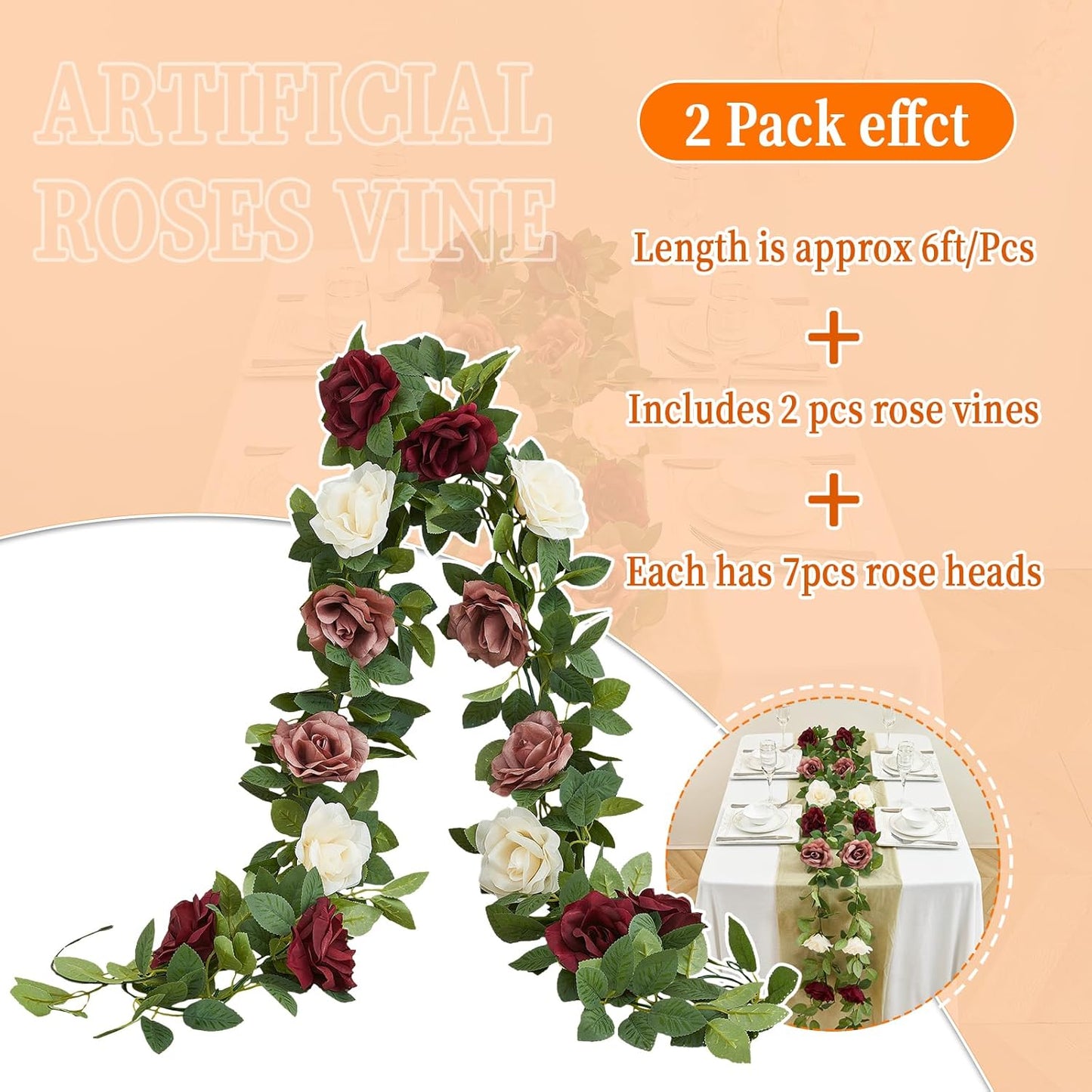 Burgundy Artificial Rose Garlands Rose Vines Leaves Banners Hanging Floral Garland Fake Rose Flower Vine for Wedding Arch Ceremony Home Garden Outdoor Party Wall Decorations