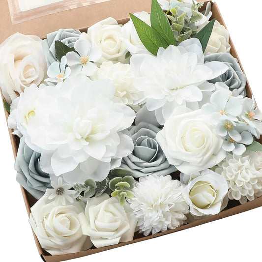 Floroom Powder Blue Ivory Artificial Flowers Fake Roses Dahlias and Greenery Combo Box Set for DIY Wedding Bouquets Bridal Shower Centerpieces Floral Arrangements Party Tables Home Decorations