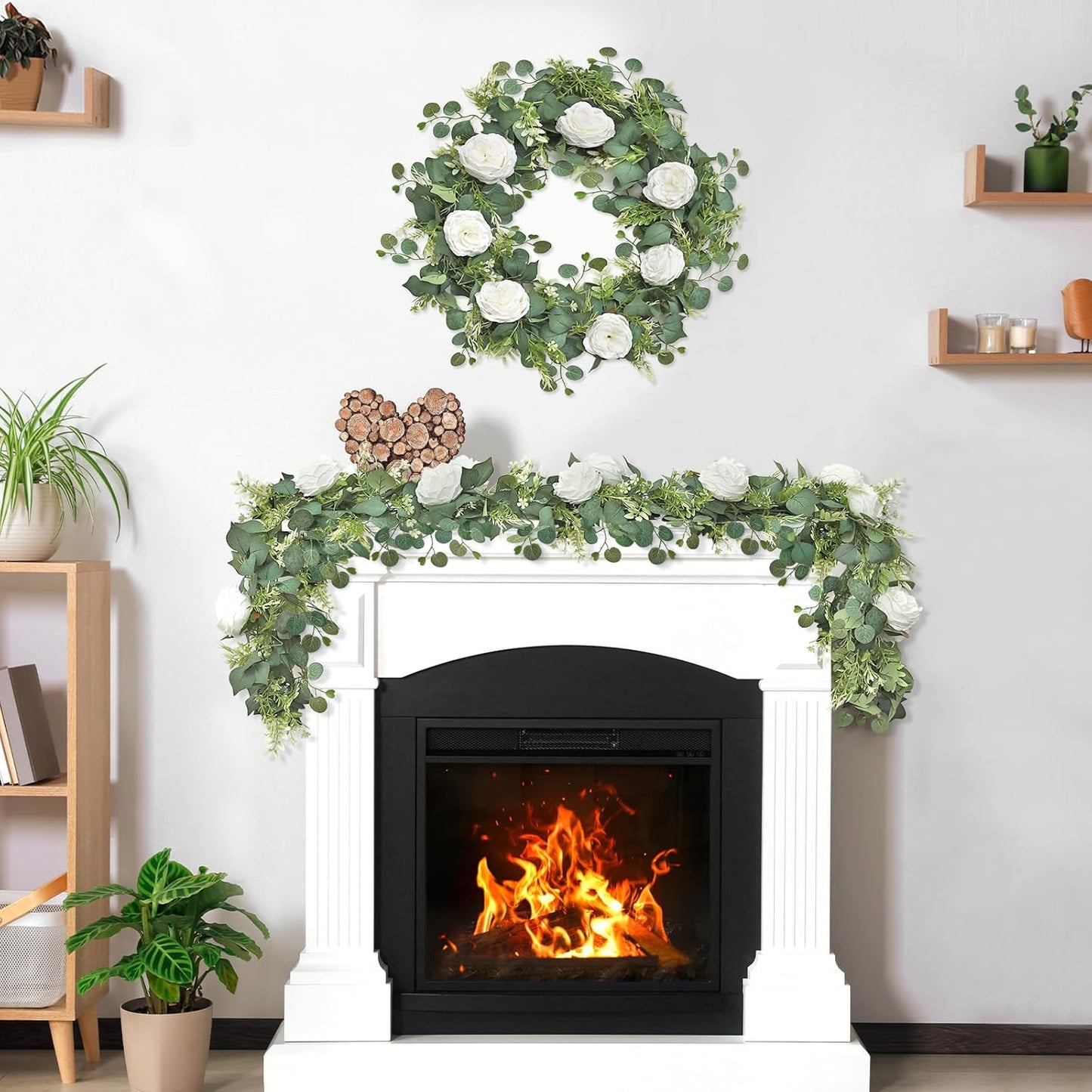 2PCS Artificial Eucalyptus Flowers Garland with White Roses 6.23FT Floral Garland Fake Peony Rose Vines Decorative Wall Hanging Plant for Wedding Party Arch Table Wall Backdrop Decor