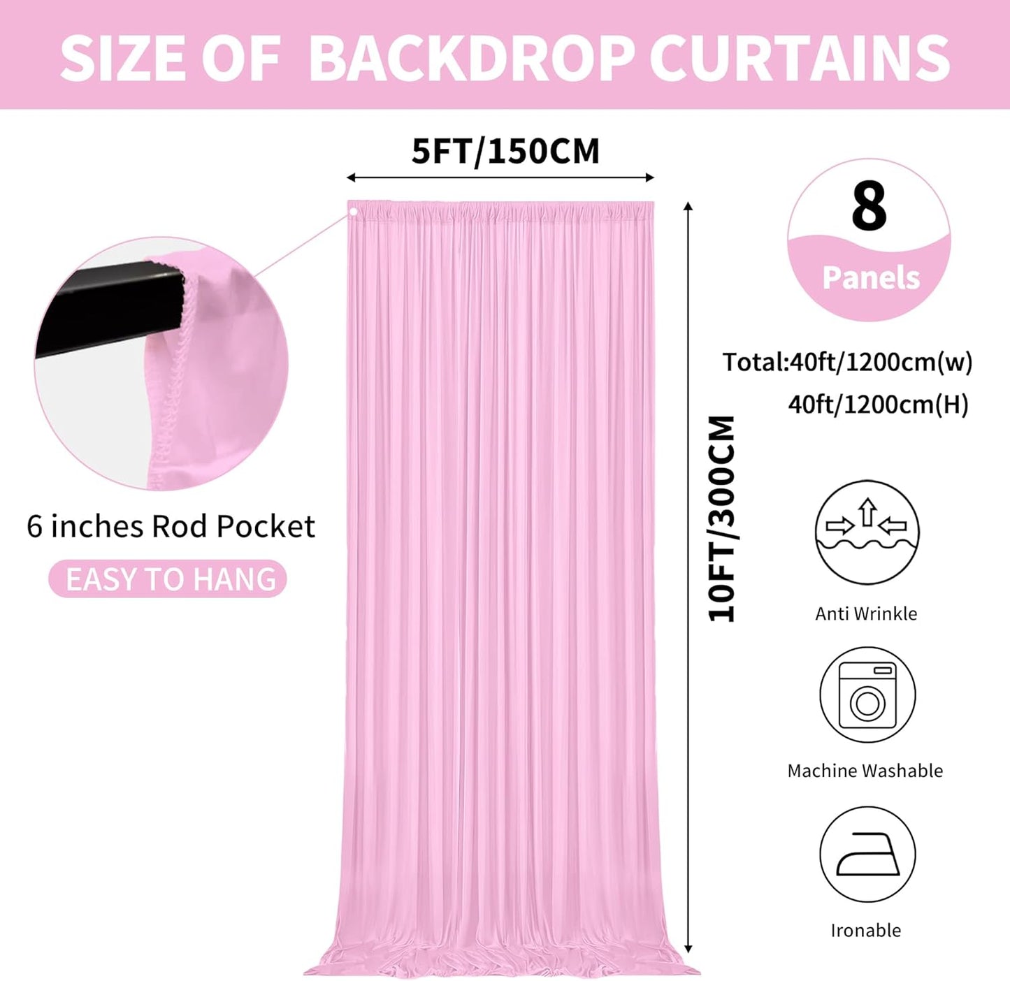40x10ft Backdrop Curtains for Parties, 8 Panels 5x10ft Curtains Photography Drapes Rod Pocket Curtain Backdrop for Birthday Wedding Baby Shower Home Decor