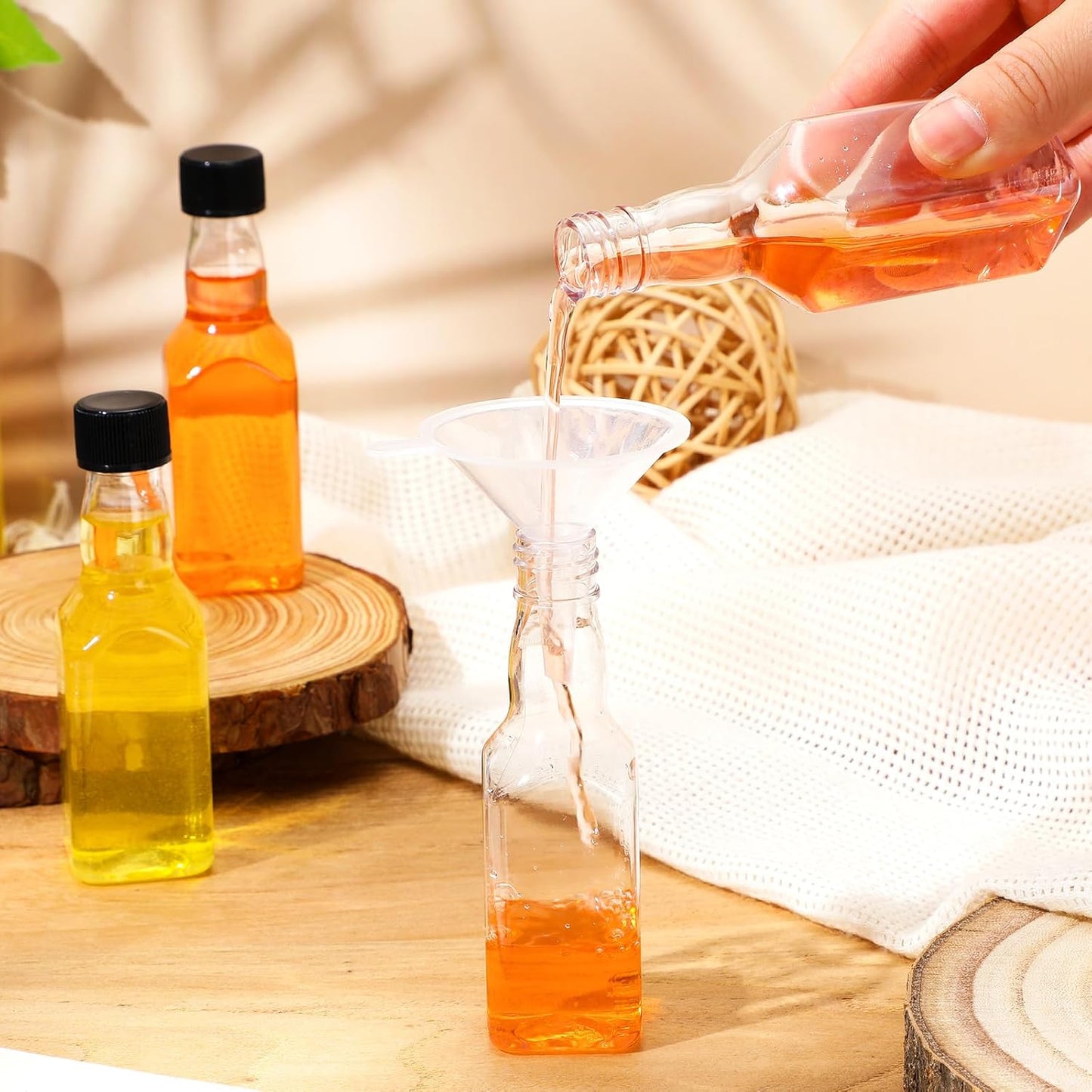 Havawish 50 Pack 1.7 oz Square Mini Liquor Bottles with Funnels and Black Plastic Caps Reusable Airtight Empty Plastic Alcohol Shot Bottles for Birthday Wedding Baby Shower Party Favors