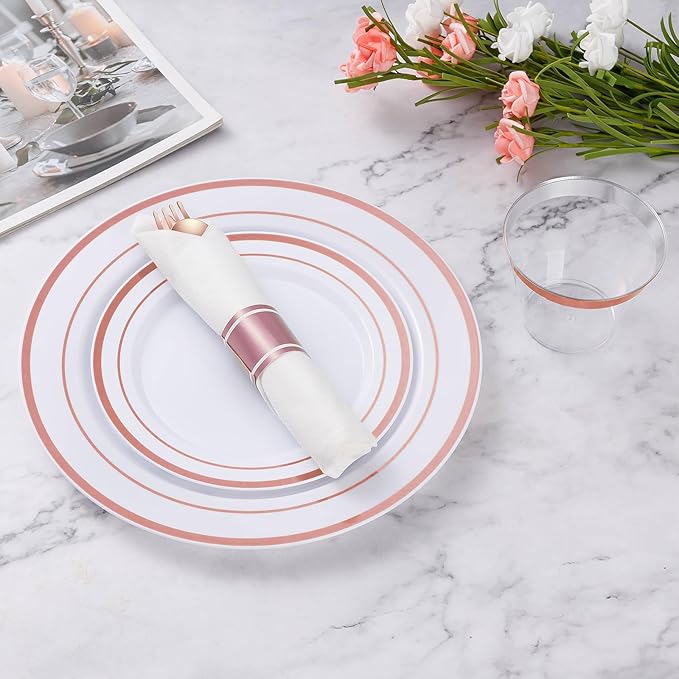 Goodluck 50 Pack Pre Rolled Rose Gold Plastic Silverware, Wrapped Plastic Cutlery Set with Napkin Include 50 Forks, 50 Knives, 50 Spoons and 50 Napkins, Fancy Disposable Silverware for Party, Wedding