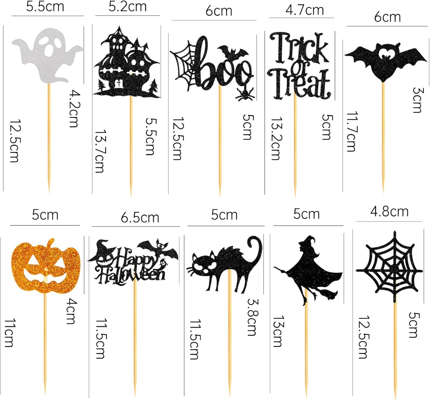 60Pcs Halloween Cupcake Toppers, Bat Pumpkin Ghost Cupcake Decorations for Halloween Party Supplies, Black Multi Style1