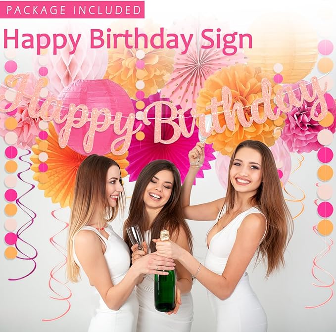 Hot-Pink Orange Birthday Decoration for Women Girl, Fall Peach Burnt-Orange Gold Balloon Décor-Happy Banner, Streamers Lanterns Honeycomb, Tissue Flowers Pom Poms Fan, Boho Sunset Autumn Party Décor