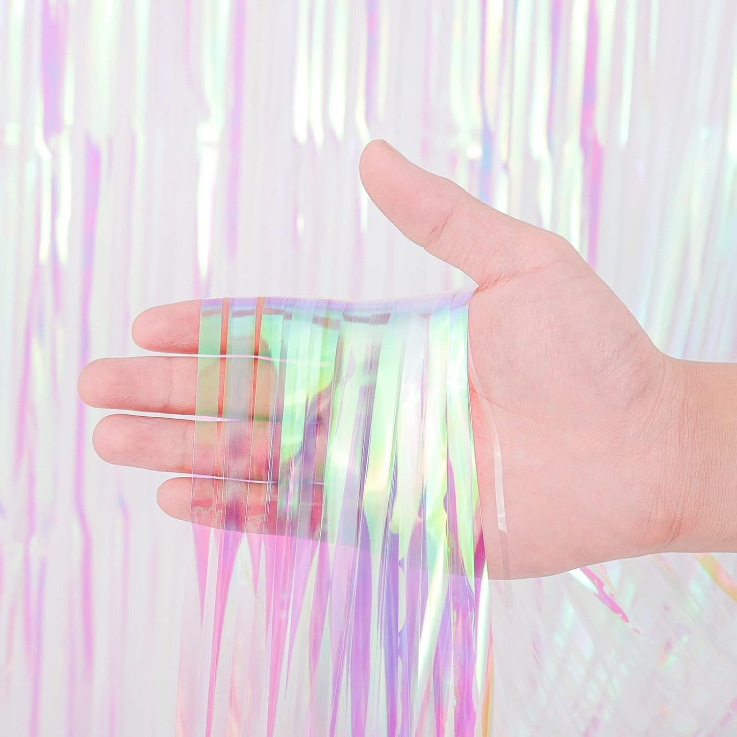 2 Pack Iridescent Tinsel Foil Fringe Curtains, Iridescent Party Decorations, Metallic Tinsel Party Streamers Backdrop for Mermaid Birthday Baby Shower Slumber Wedding Party Decorations