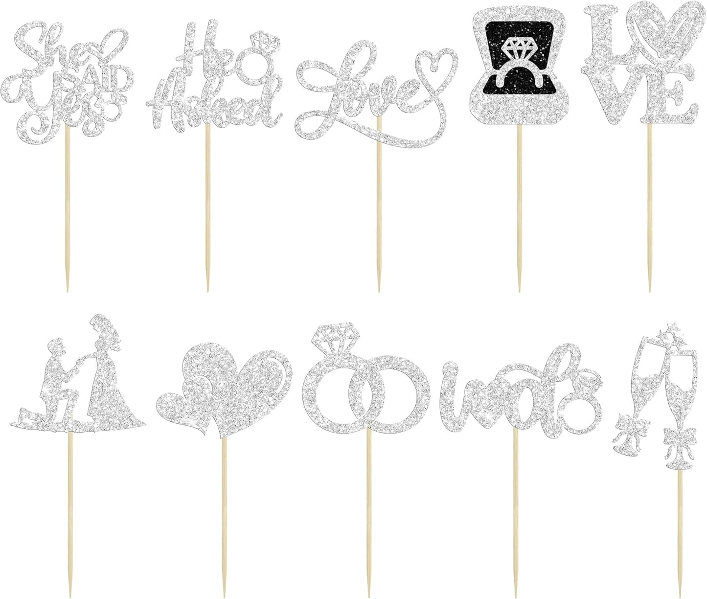Ephlyn 30Pcs He Asked She Said Yes Cupcake Toppers Glitter Engagement Cupcake Toppers Diamond Ring Heart Love I Do Cupcake Picks for Engagement Wedding Party Cake Decorations Silver