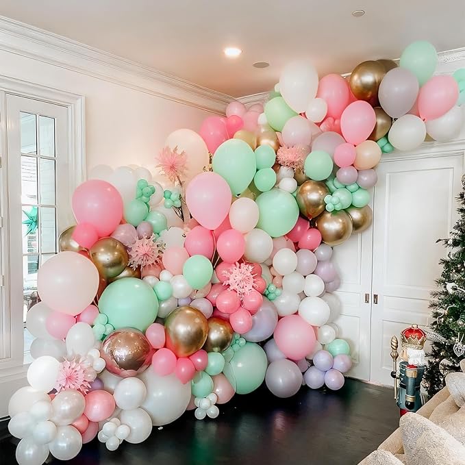 Pink and Green Balloons Pastel Pink Green Gold Latex Balloons Clear Snowflake Balloon for Pink Candyland Christmas Decor Nutcracker Xmas Baby in Bloom Fairy Floral Baby Shower Birthday Party