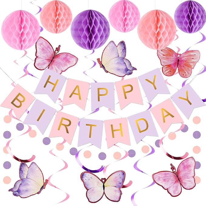 meowtastic Birthday Decorations, Happy Birthday Banner with Honeycomb Balls, Butterfly Hanging Swirl Streamers, Circle Dots Garland, Happy Birthday Party Decorations for Women Girls (Purple & Gold)
