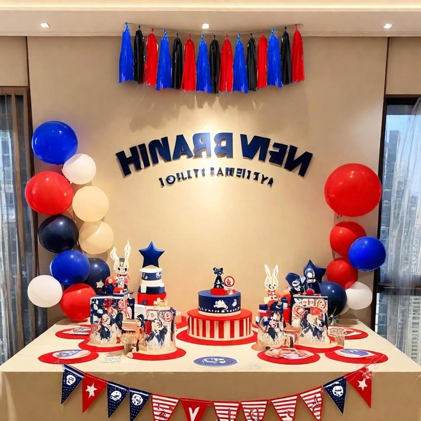 Red Blue and Black Tassel Garland Banner Paper Tassels for Birthday Party Decorations,Pack of 15