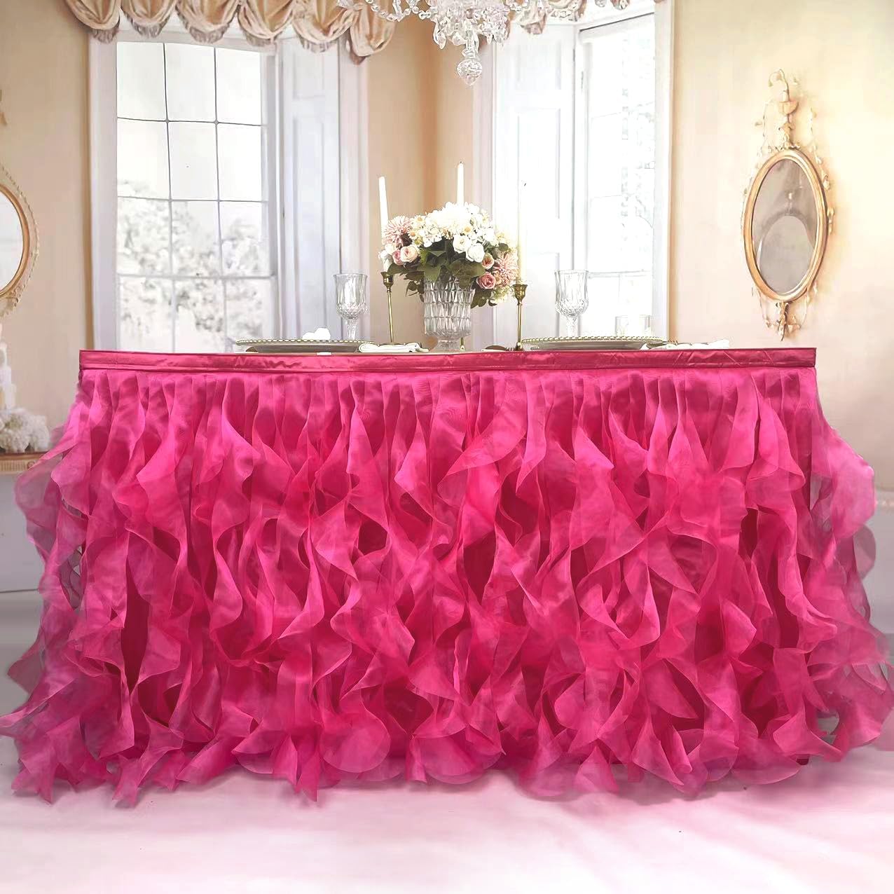 Luxury Organza Mesh Table Skirt Draping Floating Romance - Perfect for Bridal Showers, Birthday Weddings - Clear Flowing Decoration for a Wonderful Main Cake Table (Hot Pink-6ft, 72" L×30" H)