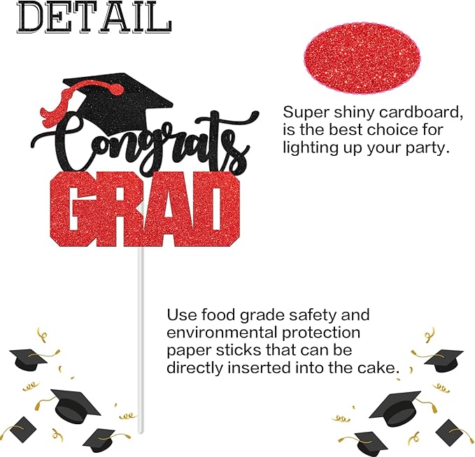 Congrats Grad Cake Topper - High Sohool/College Graduation Party Decoration Supplies - Congratulations Class of 2025 Party Cake Decorations (Red)