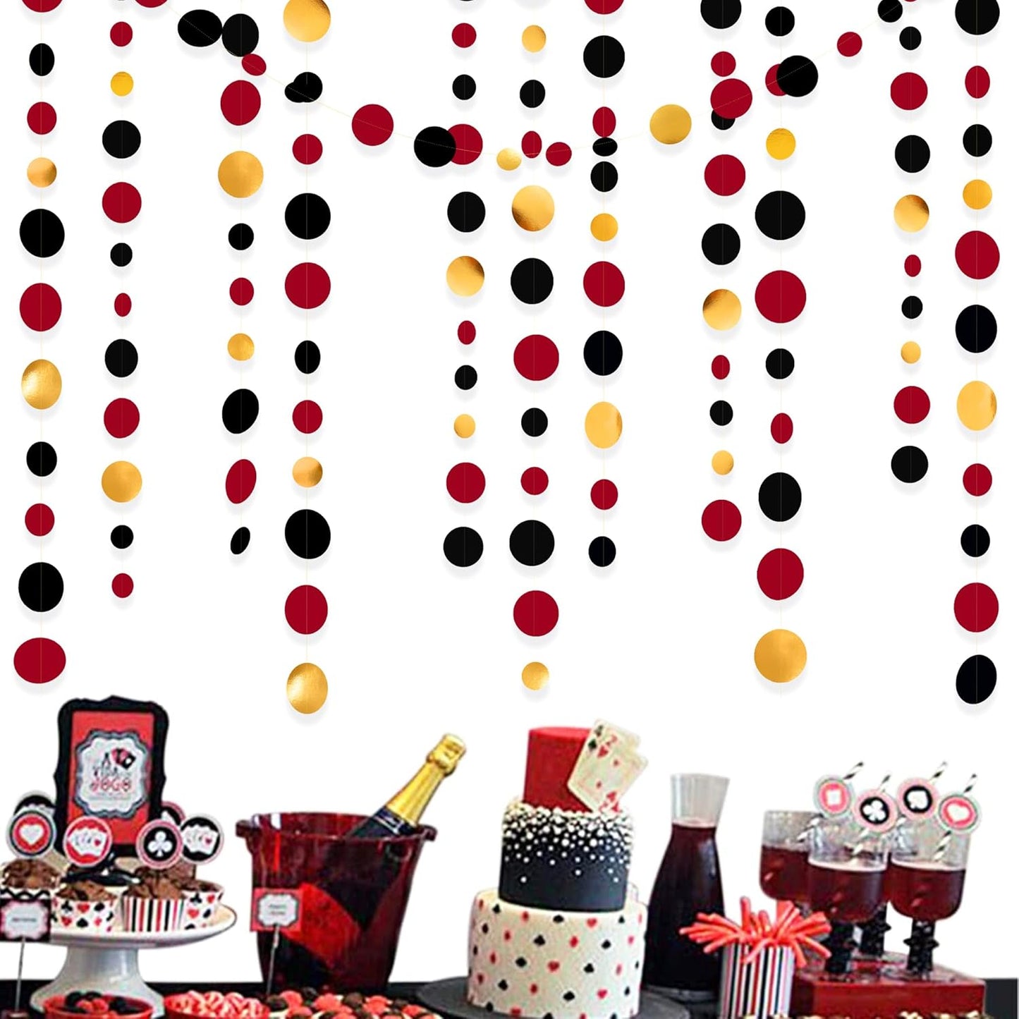 Gold Black Red Party Decorations Circle Dots Streamer Hanging Paper Polka Dots Garland for Graduation Birthday Wedding Anniversary Baby Shower Holiday Pirate Poker Casino Las Vegas Party Supplies