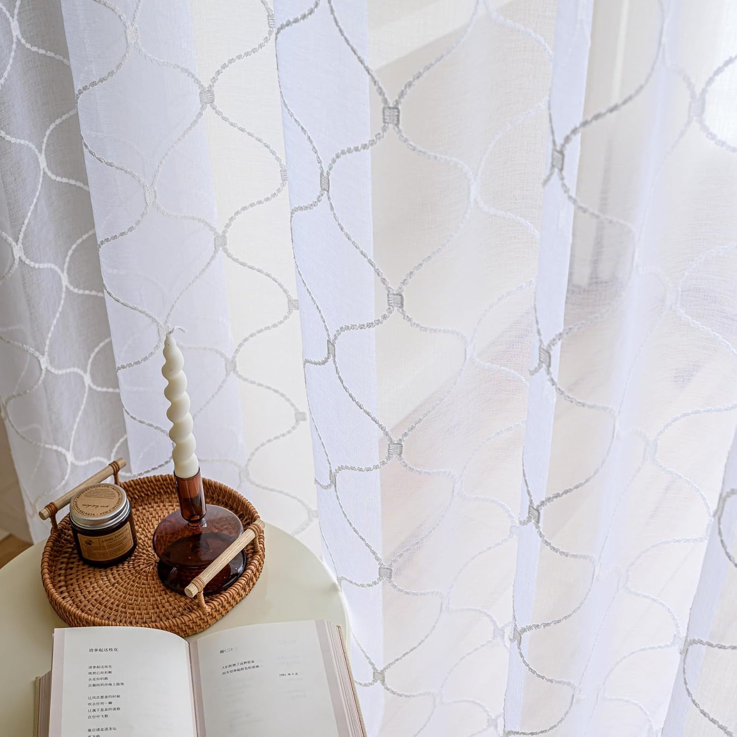 Sheer Curtains White 45 Inches,Wavy Diamond Embroidered Rod Pocket Voile Drapes for Living room, Bedroom, Window Treatments Semi Crinkle Curtain Panels for Yard, Patio, Parlor, 2 Panels, 52"x 45".