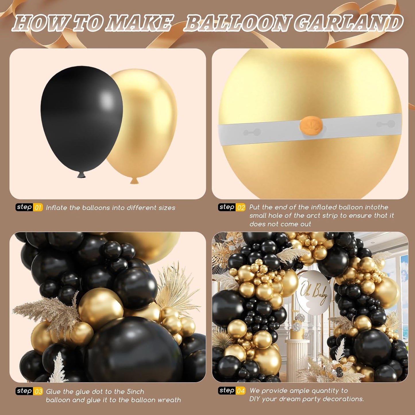 412Pcs Black and Gold Balloons Garland Arch Kit,18 12 10 5 Inch Different Size Black and Metallic Gold Balloons for Graduation Birthday Wedding Party Decorations