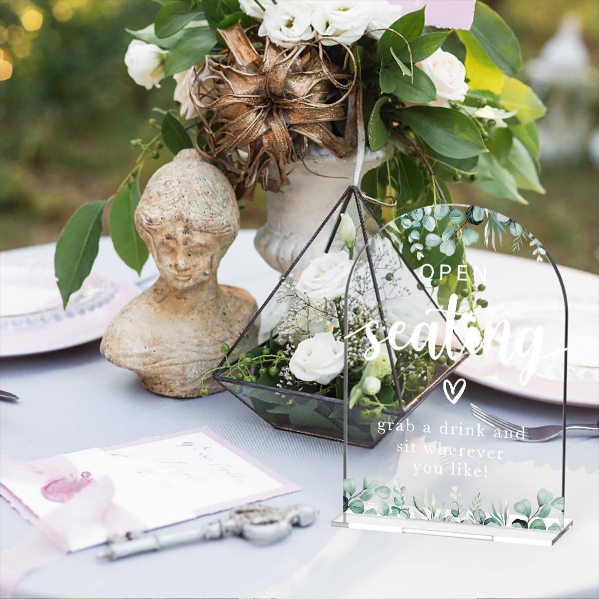 Acrylic Wedding Sign Open Seating Signs for Ceremony Modern Calligraphy Arch Acrylic Table Top Signs for Wedding Reception and Event Party Table Decor (Eucalyptus Leaves)