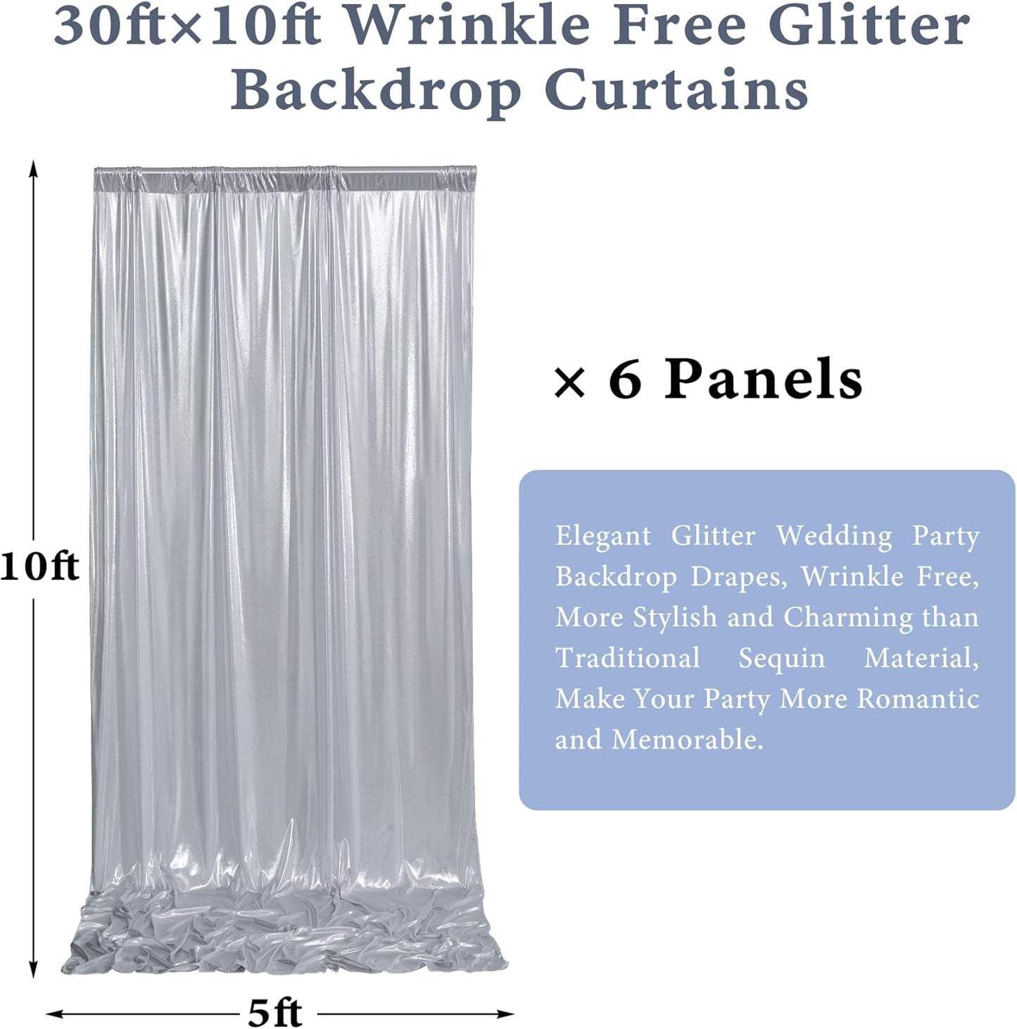 Outpain Thick 30 ft x 10 ft Silver Sequin Backdrop Curtain for Parties, Wrinkle Free Glitter Photo Backdrop Drapes 6 Panels 5x10ft Silver Back Drop Cloth for Wedding Christmas Photography Background