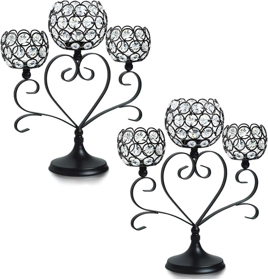 2 Pcs 3-Arm Heart Tea Light Candle Holder - Crystal & Metal Wedding Centerpiece Decor, Sparkling Table Decor for Anniversaries/Romantic Tabletop Home/Dinner Party/Events (2, Black)