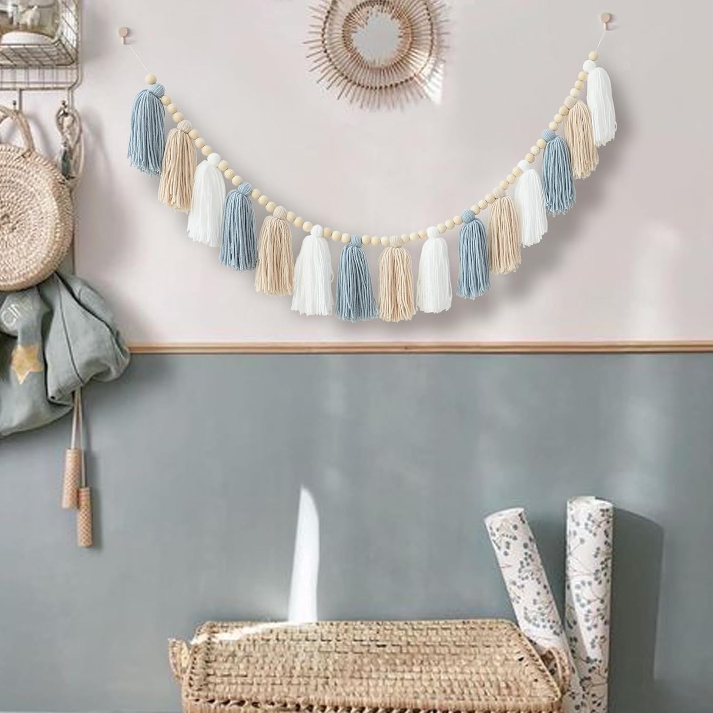 Boho Tassel Garland Wall Hanging with Wood Beads Blue Tassel Garland for Baby Shower Kids Room Bedroom Nursey Back to School Decorations