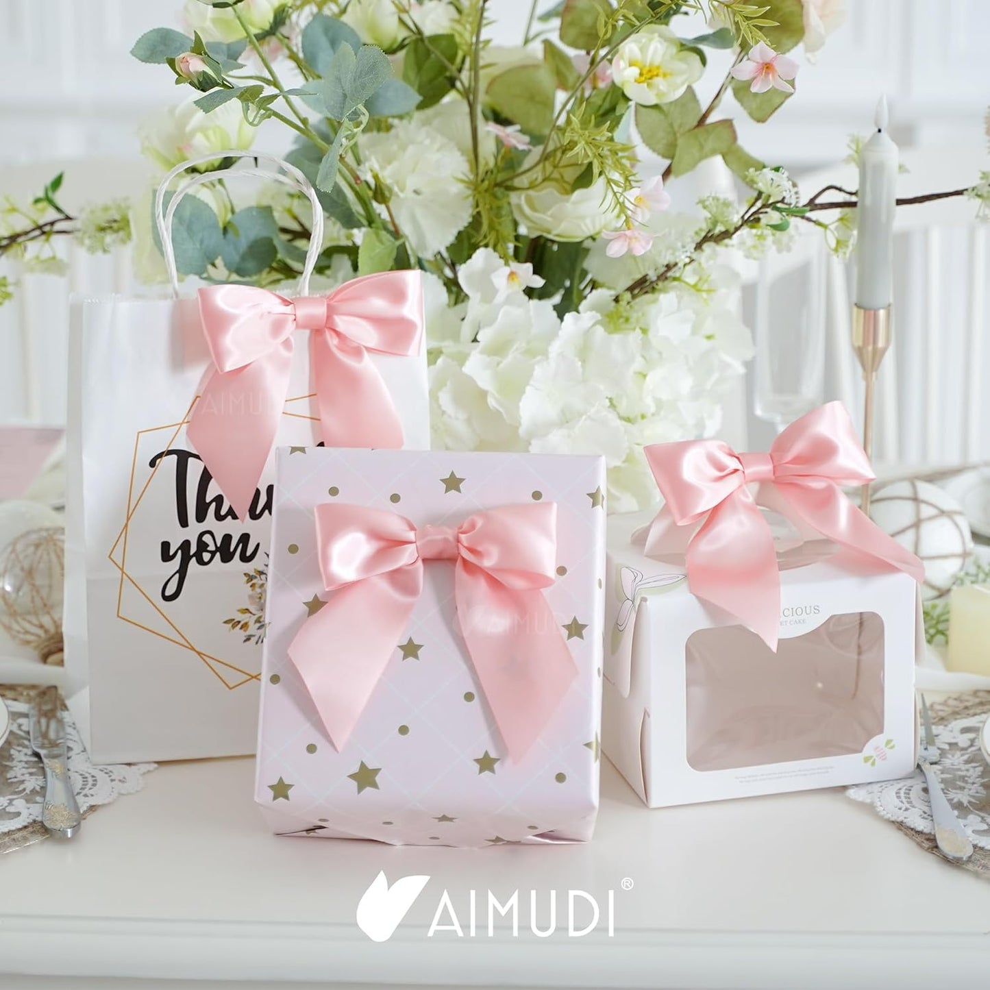 AIMUDI Baby Pink Satin Bows 5.5" Bows for Gift Wrapping Satin Twist Tie Bows Premade Ribbon Bows for Treat Bags Invitations Baskets Crafts Wedding Birthday Baby Shower Easter Decorations, 24 PCs