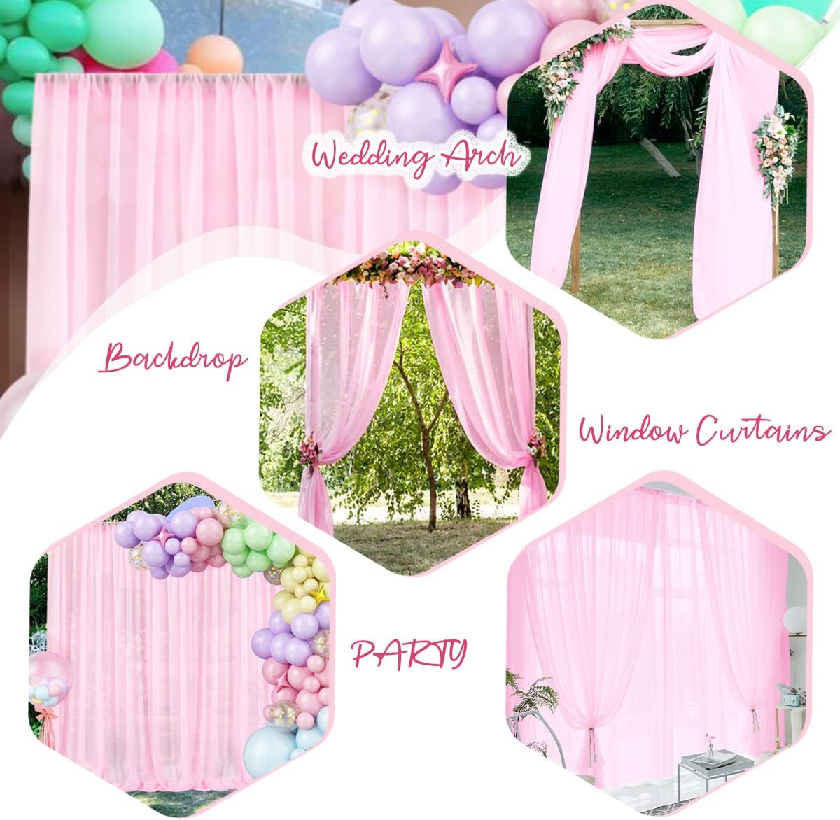 PARTISKY 10x10ft Pink Chiffon Sheer Backdrop Curtains, Wrinkle-Free Wedding Backdrop Drapes for Birthday Party Ceremony Arch Stage Decor Background for Photography 5x10ft,2 Panels