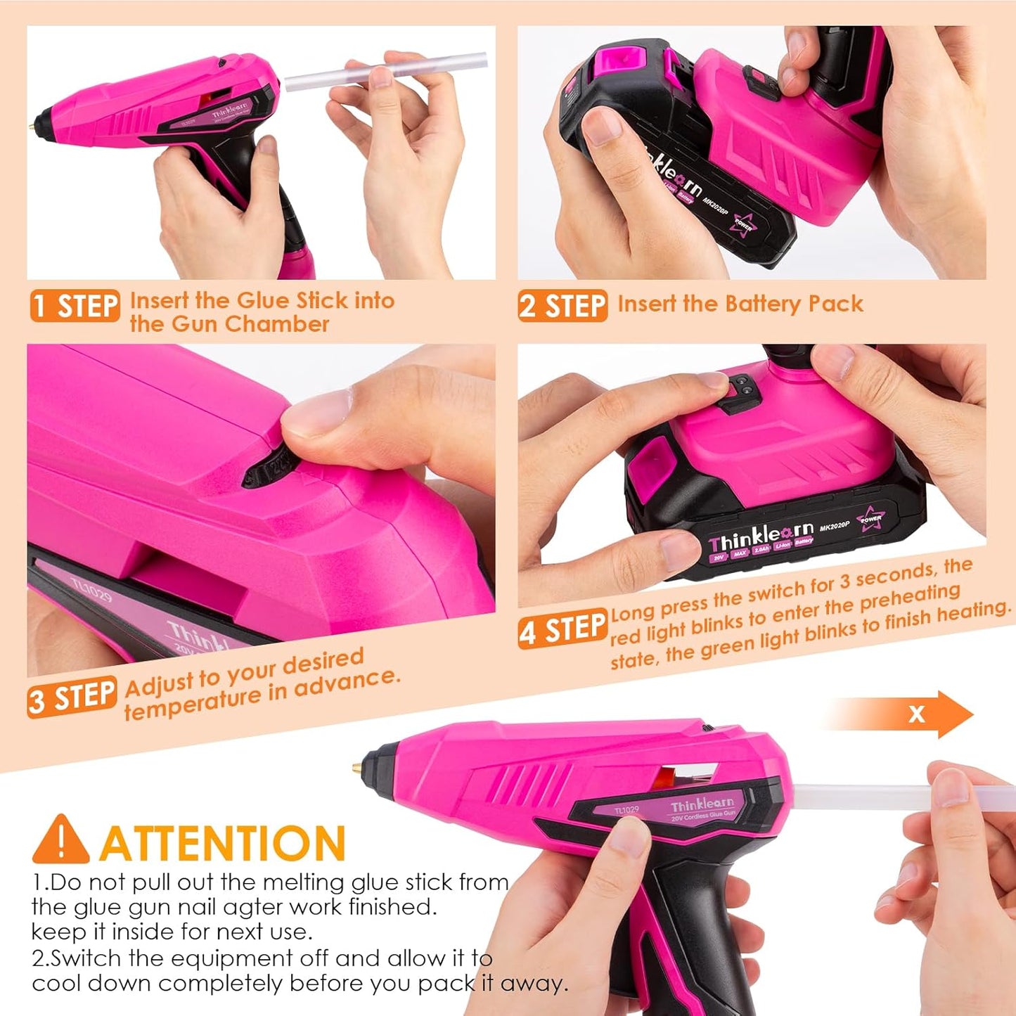 Cordless Hot Glue Gun - 20V Temp Adjust Hot Glue Gun with 43PCS Full Size Hot Glue Sticks, Pink Fast Heating Glue Gun and Sticks Set for DIY, Arts & Craft, Decorations, Gift for Women