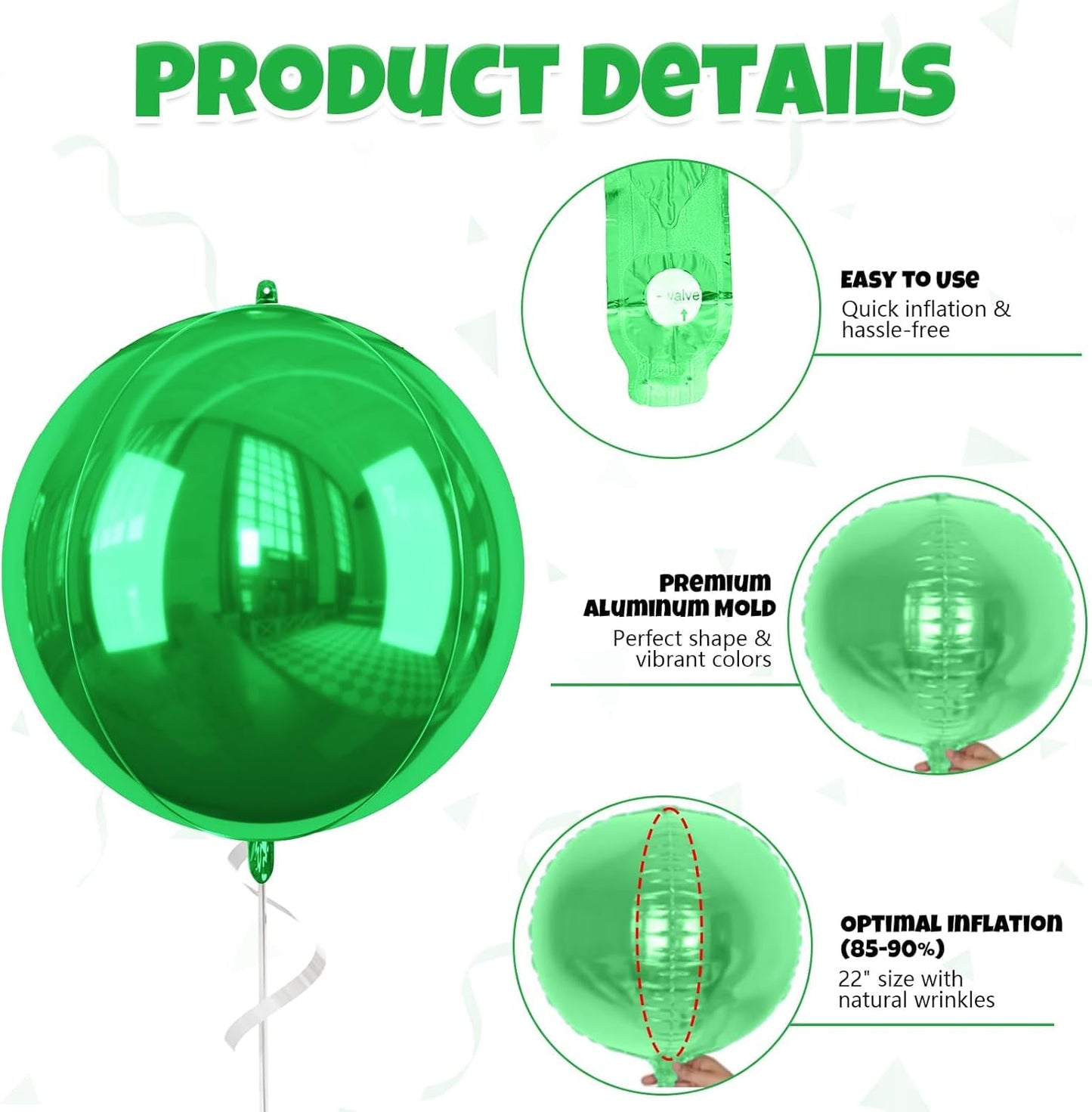 Green Silver Black Giant Foil Balloons, 6 Pcs Large Metallic Green and Black Round Balloons, 22 Inch Big Round Foil Balloon for Birthday Party Baby Shower Graduation Prom Wedding Decorations