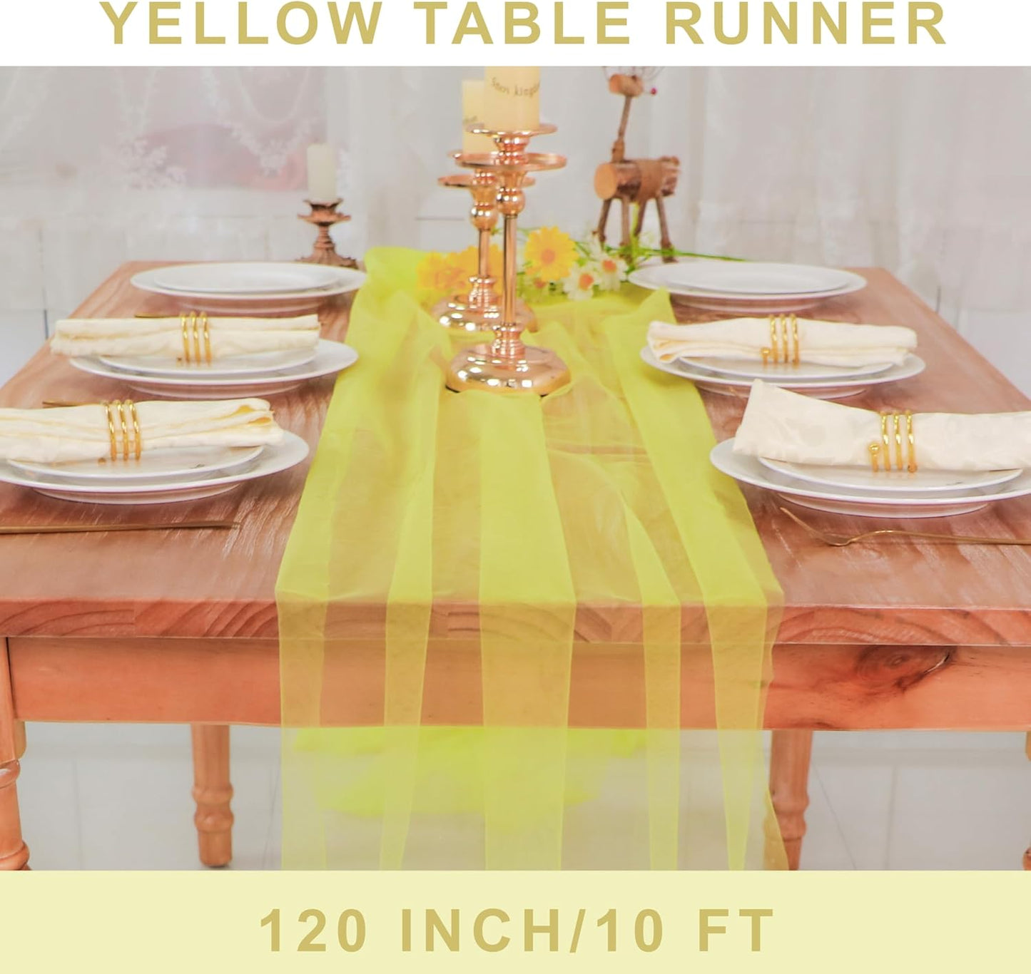 Snowkingdom Fall Yellow Table Runner, 10FT Light Yellow Tulle Gauze Sheer Cheesecloth Thanksgiving Dining Table Decorations, Boho Rustic Tulle Runners for Wedding Baby Shower Party Decor 120 Inch