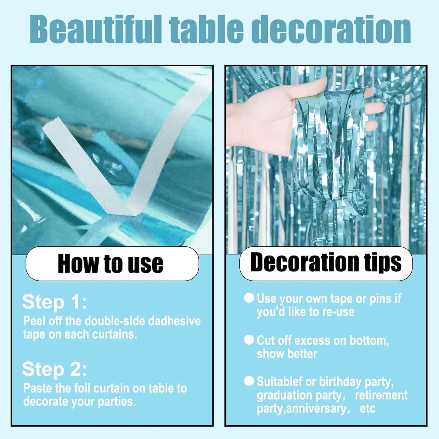 3 Pack 29 x108 Inch Light Blue Foil Fringe Table Skirts Metallic Banner for Tinsel Streamer Garland Backdrop for Parade Floats Wedding Thanksgiving Birthday Christmas New Year Party Decoration